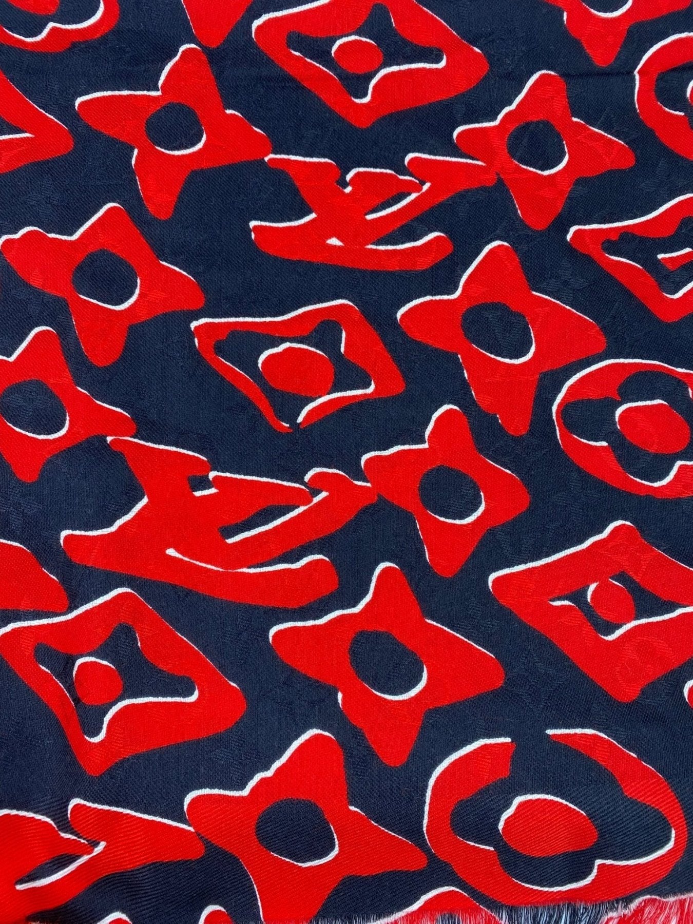 Louis Vuitton Carre Urs Fischer Tuch mit abstraktem Muster in rot und dunkelblau, luxurioeses Design aus der Sonderkollektion