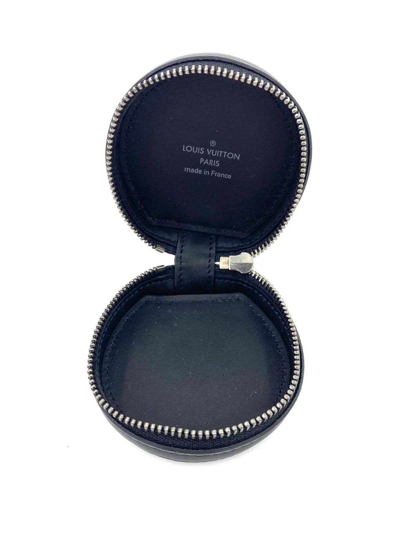 Louis Vuitton Earphone Case Horizon geoffnete runde Aufbewahrungsbox in schwarz mit Reissverschluss und Paris Logo