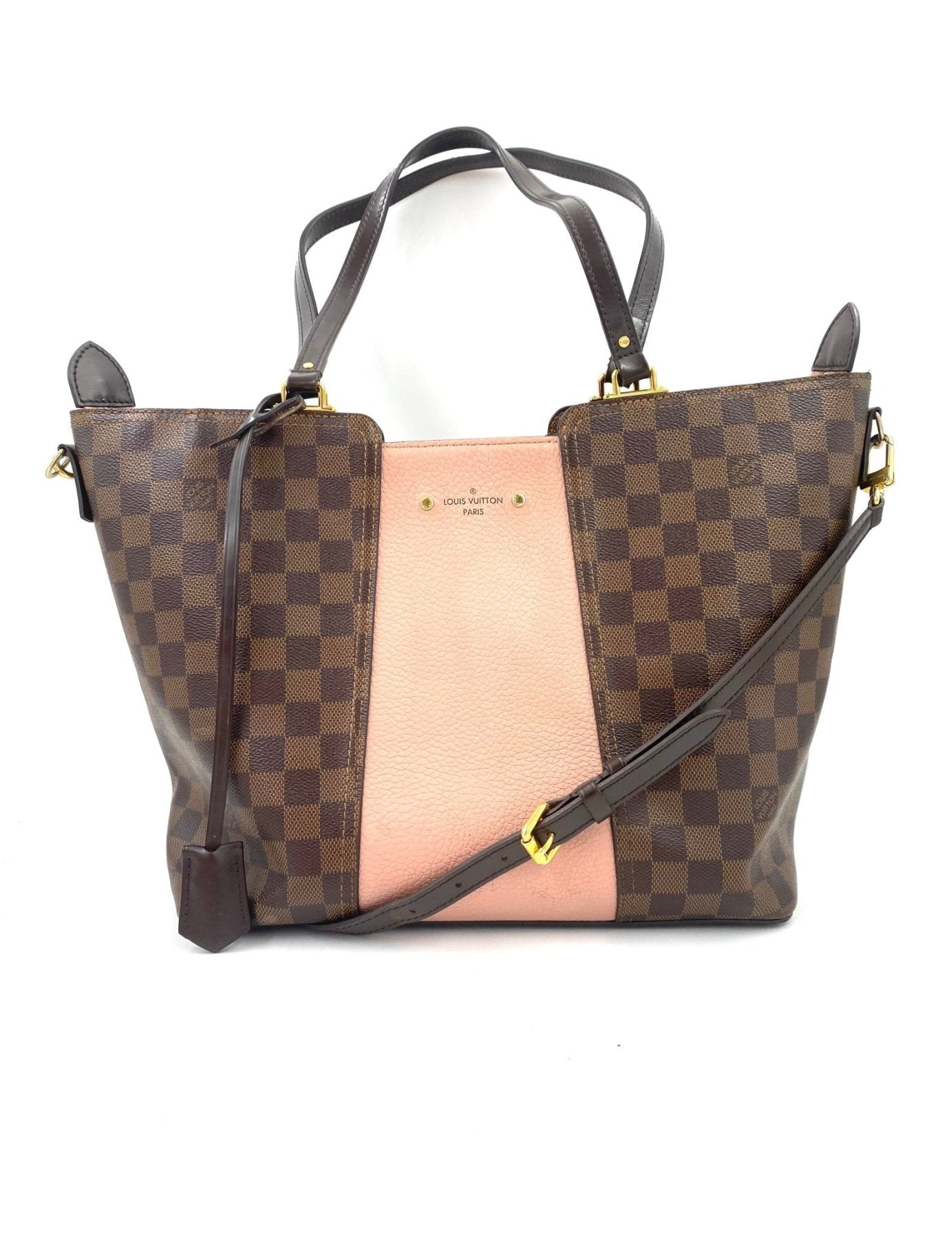 Louis Vuitton Jersey Magnolia Shopper in Damier Ebene Canvas mit rosa Ledereinsatz und verstellbarem Schulterriemen