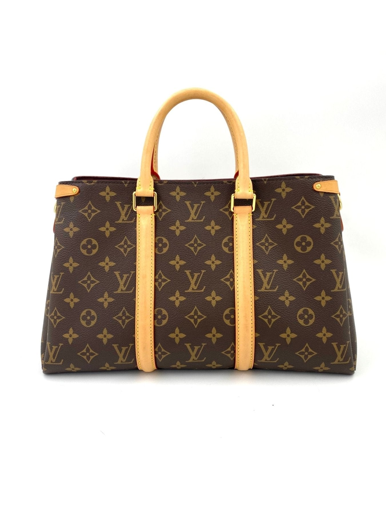 Louis Vuitton Soufflot MM Monogram Canvas Handtasche mit beigem Ledergriff und klassischem LV Muster auf braunem Grund