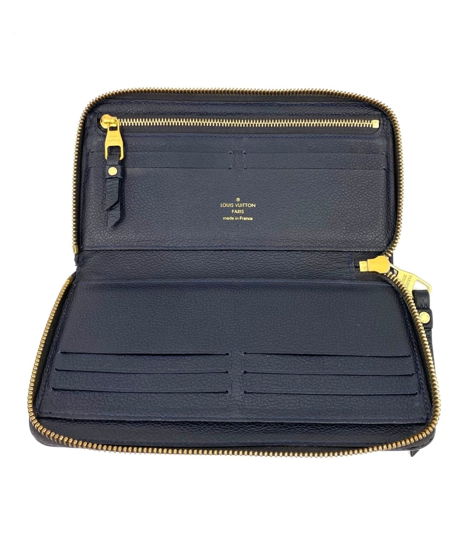 Louis Vuitton Zippy Monogram Empreinte Geldborse in schwarz mit goldenem Reissverschluss und Kartenfachern, geoffnet