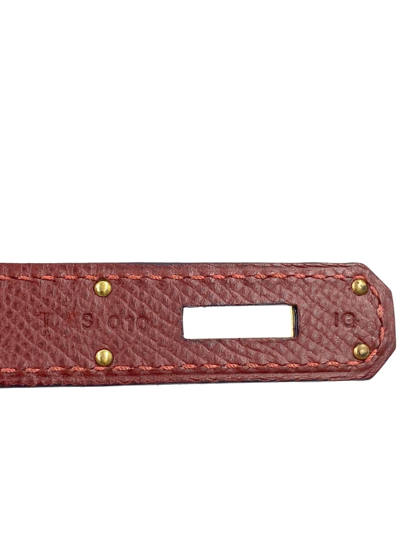 HERMES Birkin 35 Epsom Rouge H Tasche Detail, rotbraunes Leder mit goldenen Nieten und Beschlagen, Nahaufnahme