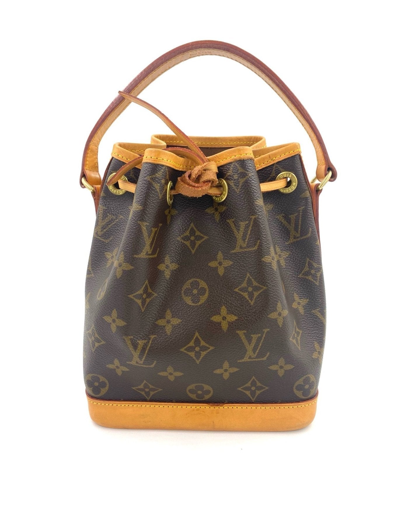 Louis Vuitton Noe Mini Monogram Canvas Beuteltasche mit braunem Lederriemen und klassischem LV Muster