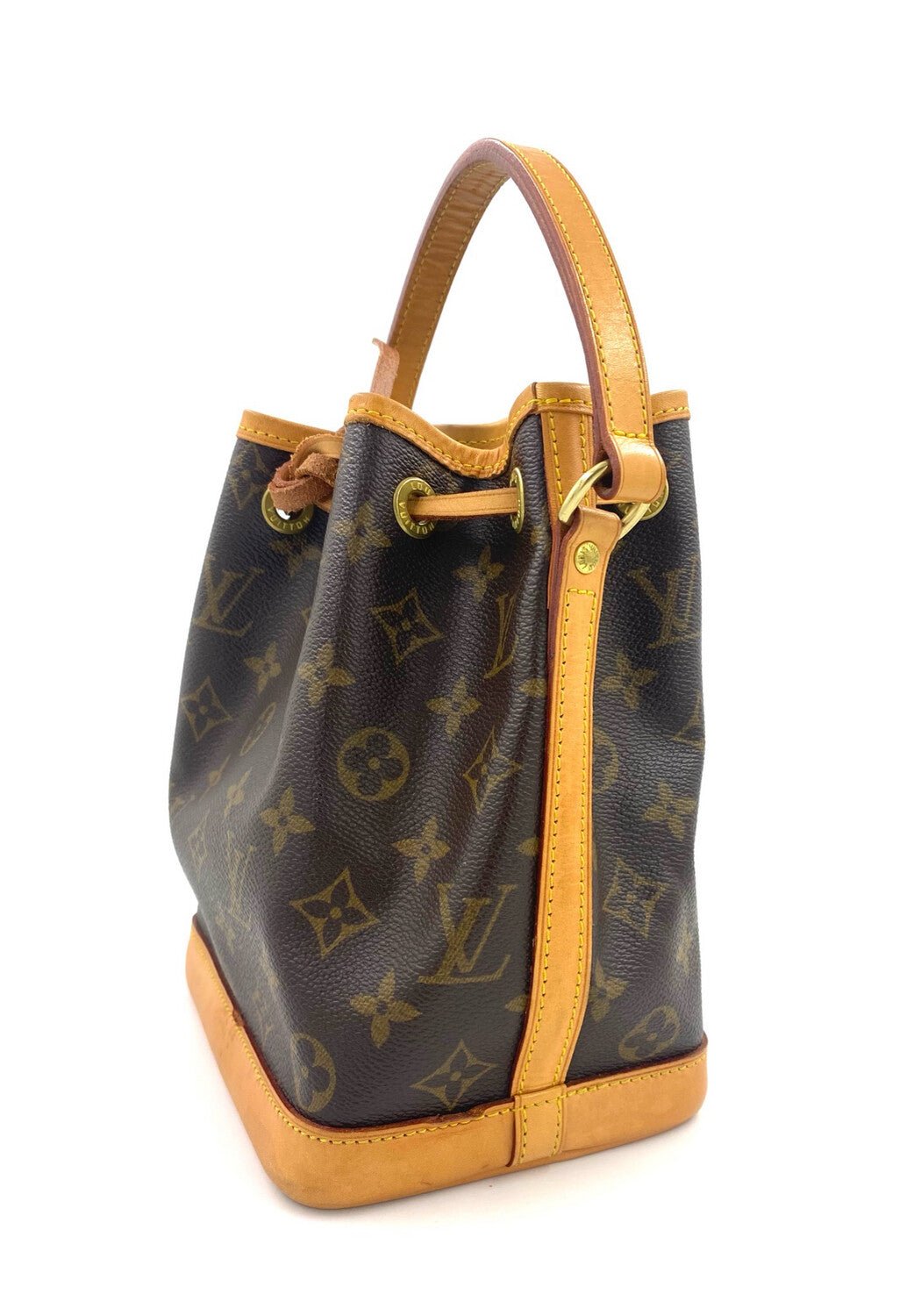 Louis Vuitton Noe Mini Beuteltasche in Monogram Canvas mit honigfarbenem Lederbesatz und charakteristischem Zugband