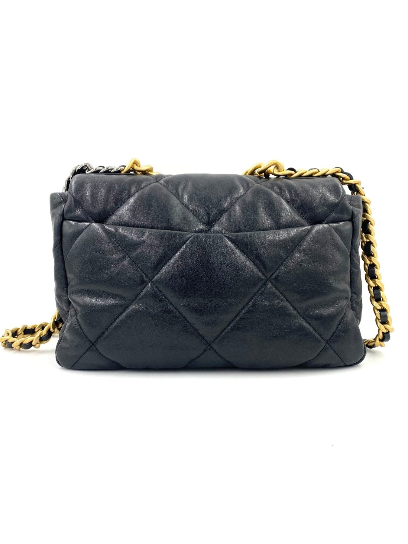 CHANEL 19 Flap Bag large in schwarzem Ziegenleder mit gestepptem Muster und dreifarbiger Metallkette