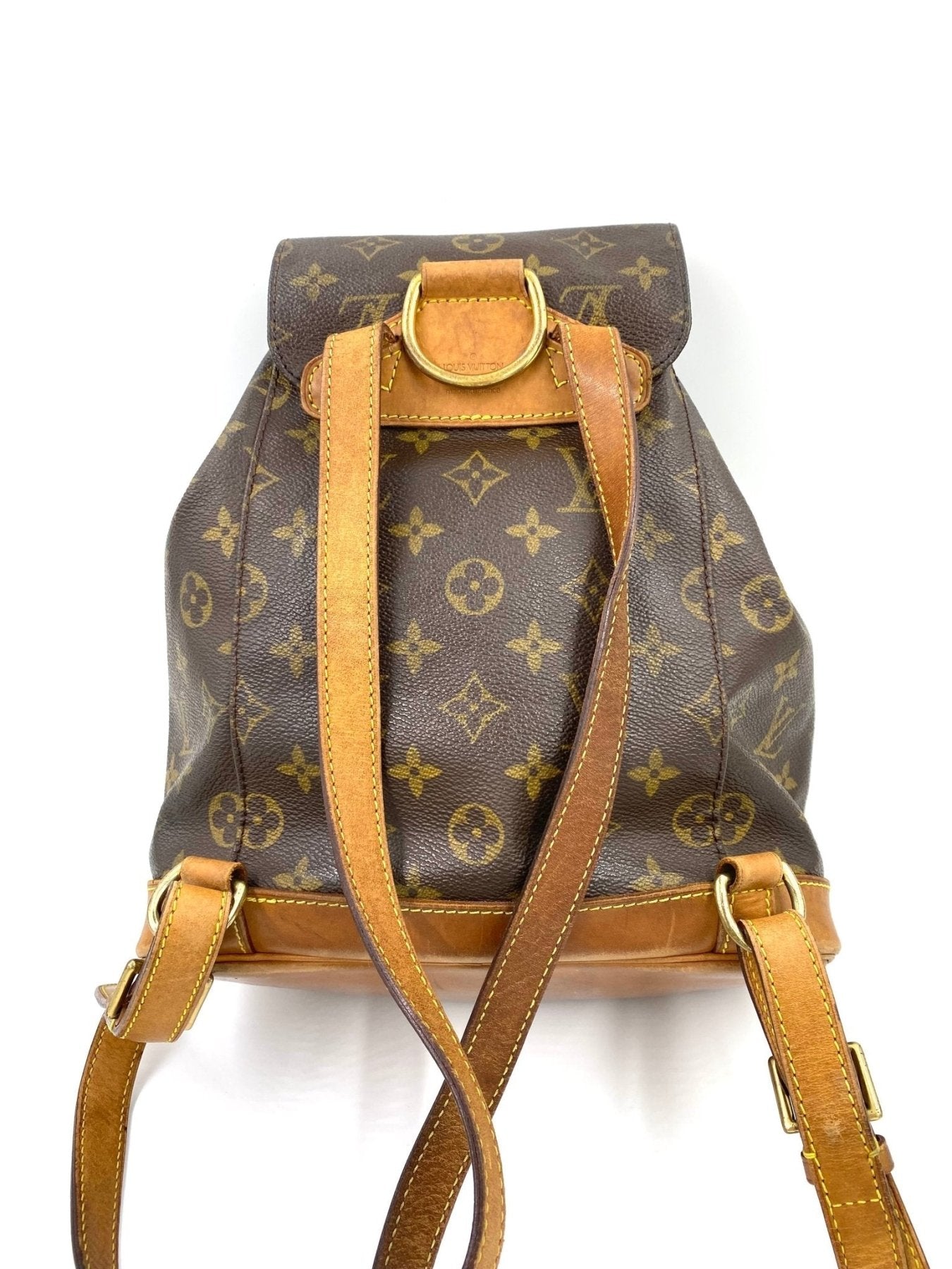 Louis Vuitton Montsouris MM Rucksack aus Monogram Canvas mit braunen Lederriemen und goldfarbenen Beschlagen