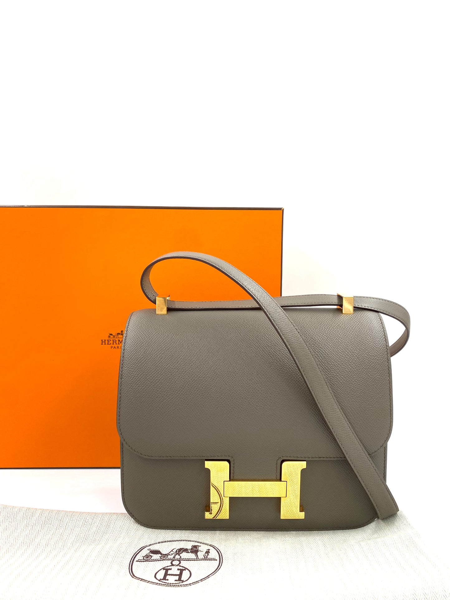 HERMÈS Constance 24 Etain Epsom Roségold Hardware Fullset mit Original Rechnung, elegante graue Ledertasche