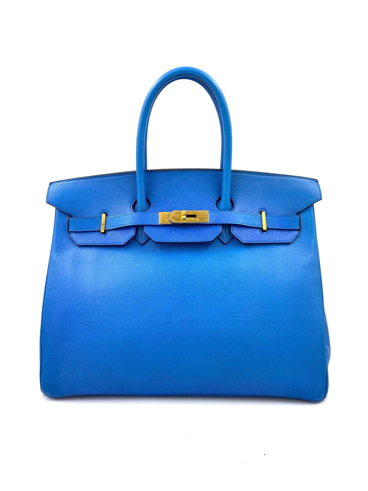 HERMÈS Birkin 35 Epsom Leder Blue de France mit gold Hardware, elegante blaue Luxus Handtasche frontal.