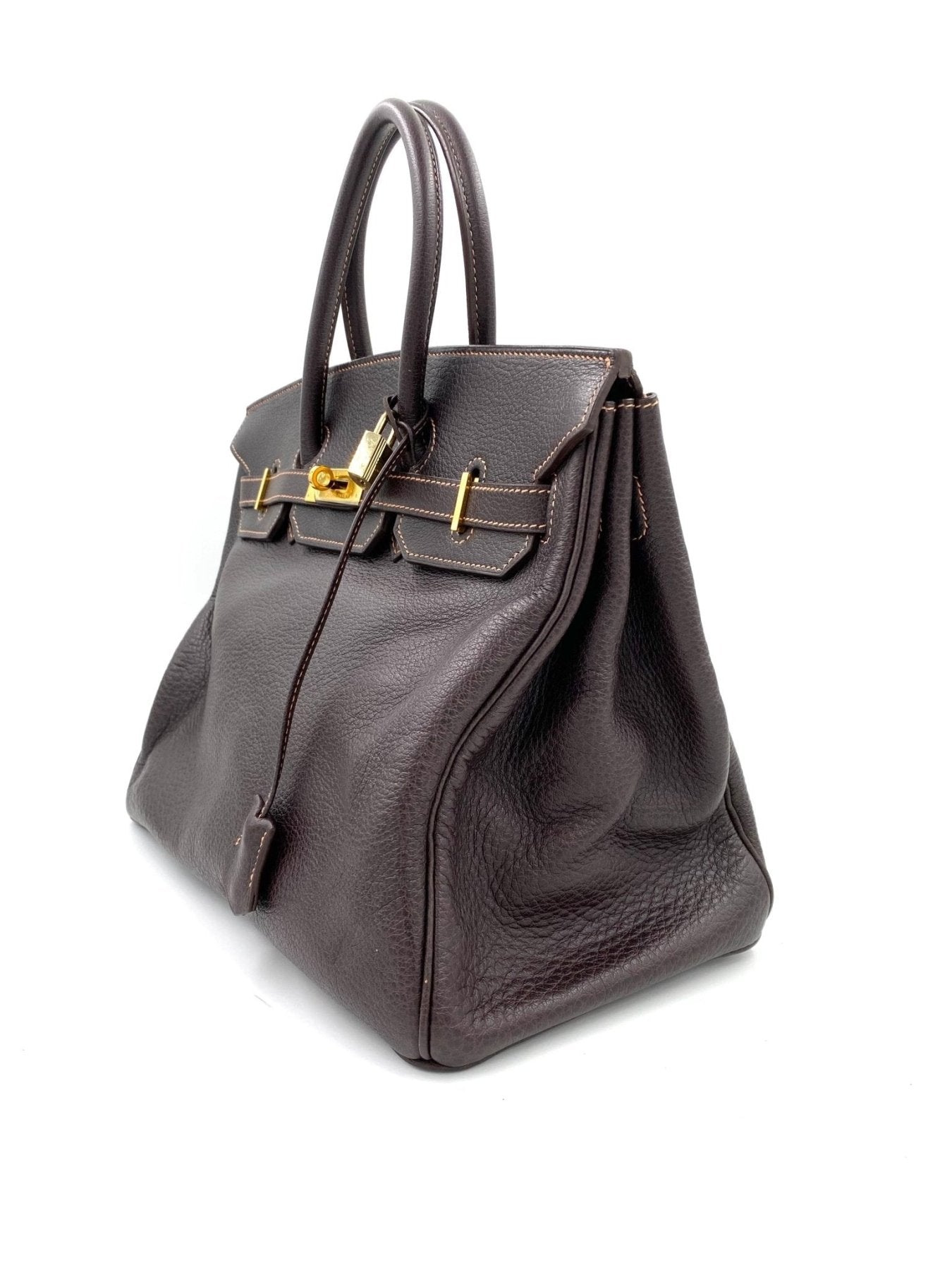 HERMES Birkin 35 Tasche in marronem Fjord Leder mit goldener Hardware, von der Seite fotografiert