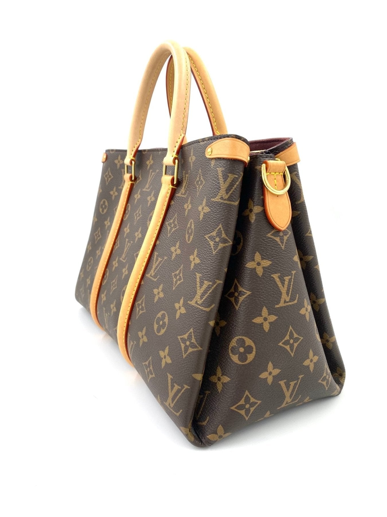 Louis Vuitton Soufflot MM Handtasche in Monogram Canvas mit beigen Ledergriffen und charakteristischem LV Muster