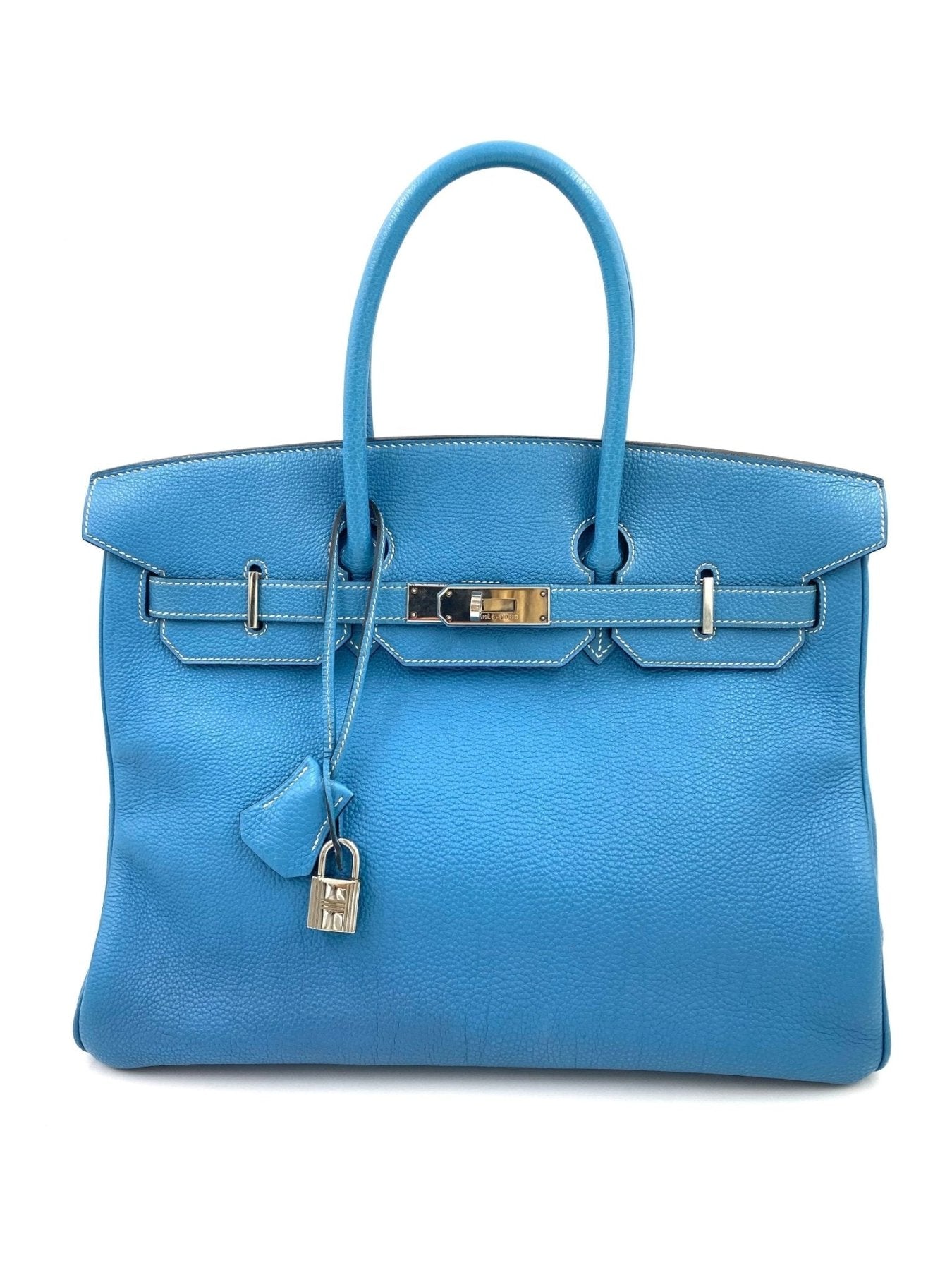 HERMÈS Birkin 35 Togo Blue Jean Handtasche aus hochwertigem Leder mit Palladium-Hardware und charakteristischem Verschluss