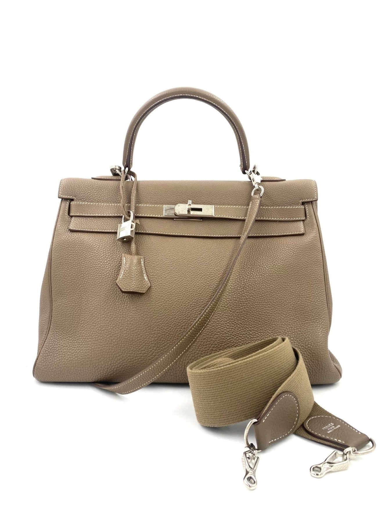 HERMES Kelly 35 Togo Handtasche in Etoupe mit Palladium Hardware und abnehmbarem Schulterriemen