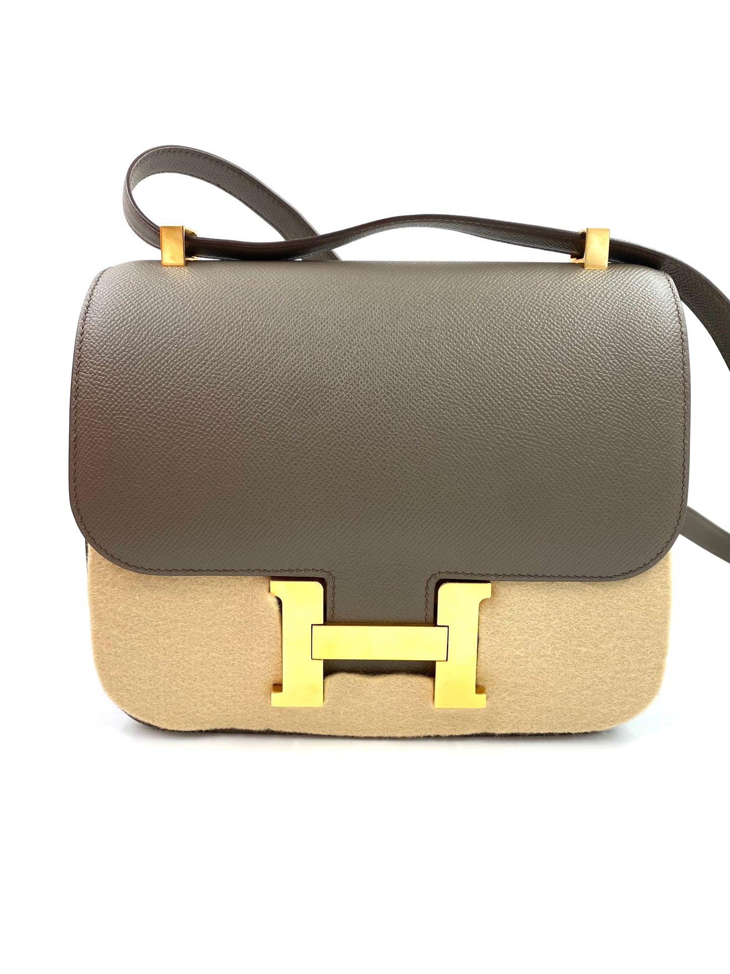 HERMÈS Constance 24 Etain Epsom Roségold Hardware Fullset elegante graue Lederhandtasche mit H-Verschluss