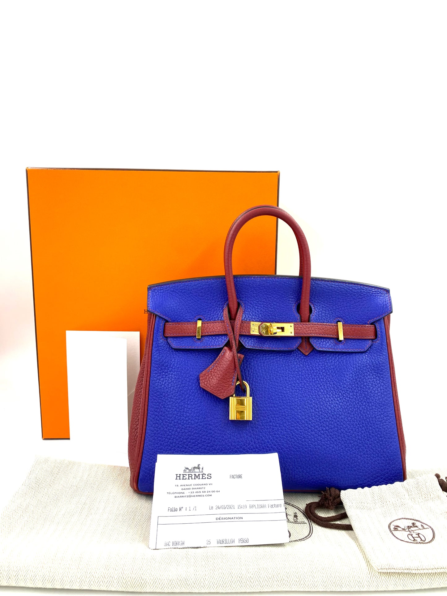 HERMÈS Birkin 25 Clemence Leder Electric Blue gold Hardware Fullset mit Original Rechnung