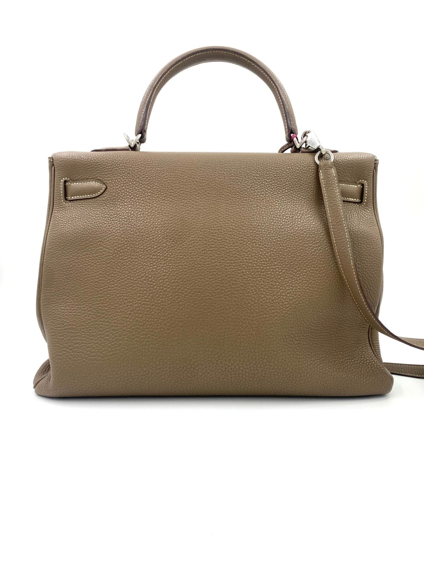 HERMES Kelly 35 Togo Etoupe Handtasche in graubeigem Leder mit Palladium Beschlagen und abnehmbarem Schulterriemen