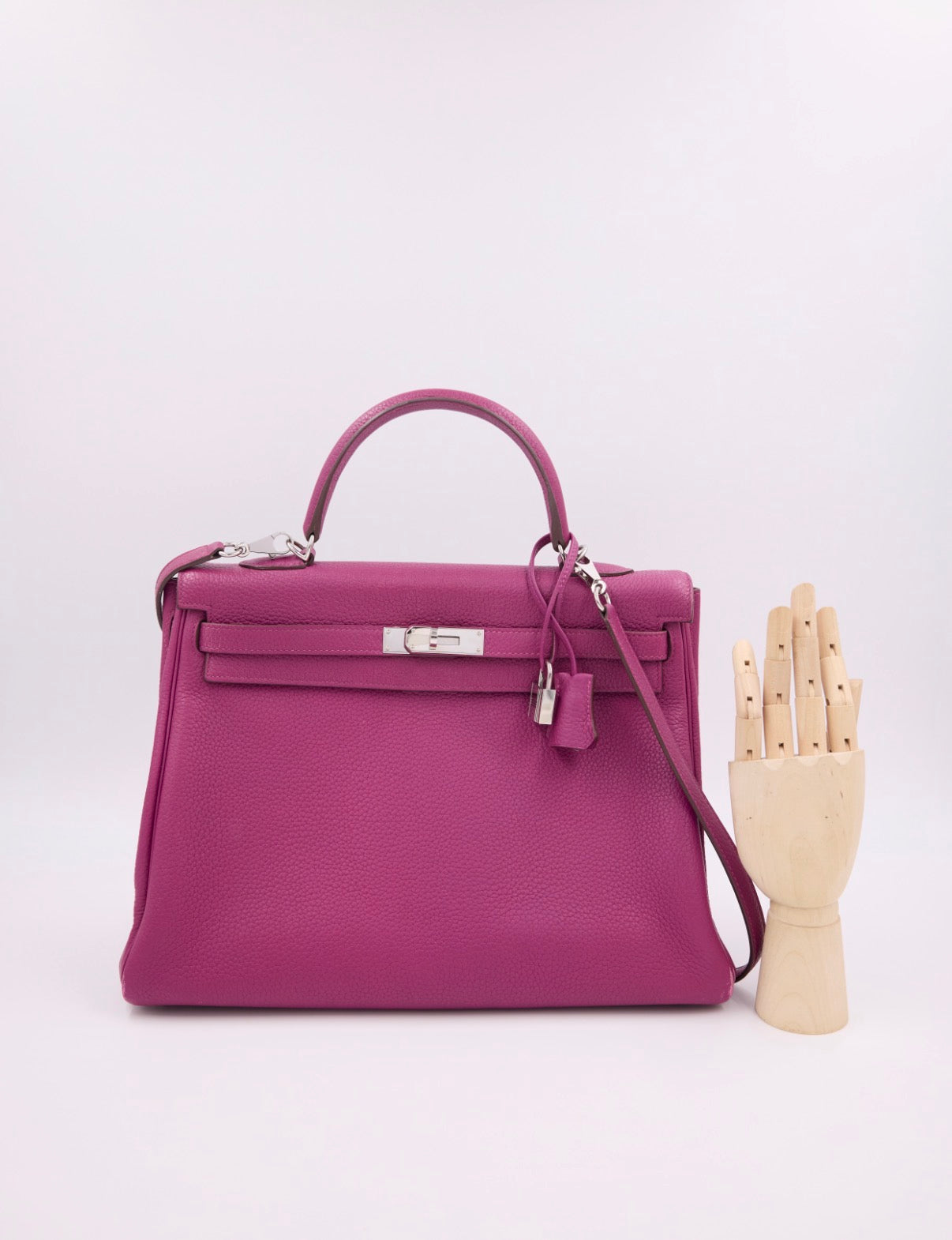 Hermès Kelly 35 Tosca PHW pinke Designerhandtasche aus zweiter Hand mit silberfarbenem Verschluss