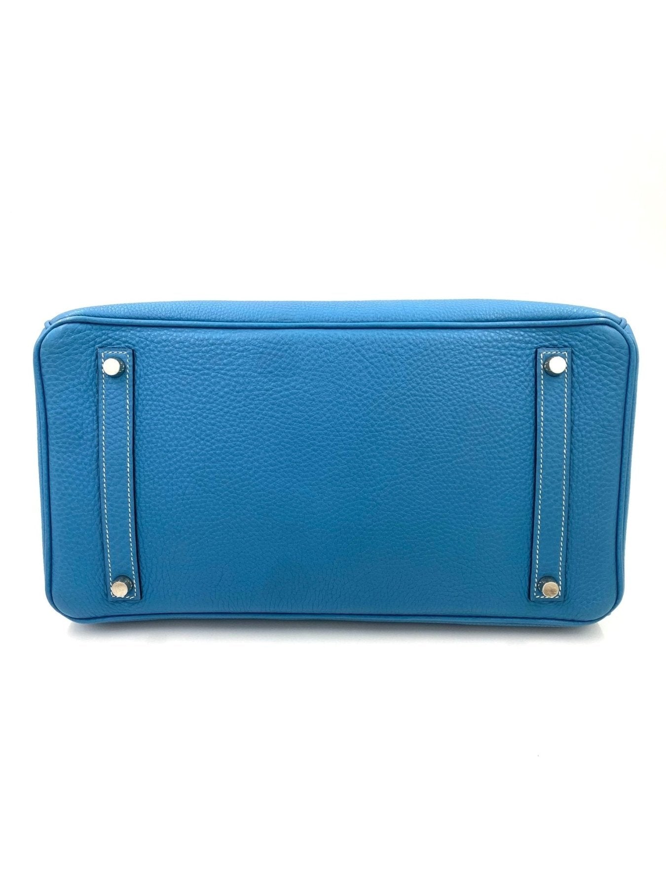 HERMES Birkin 35 Togo Tasche in Blue Jean, Bodenansicht mit Palladiumbeschlagen und charakteristischer Ledertextur