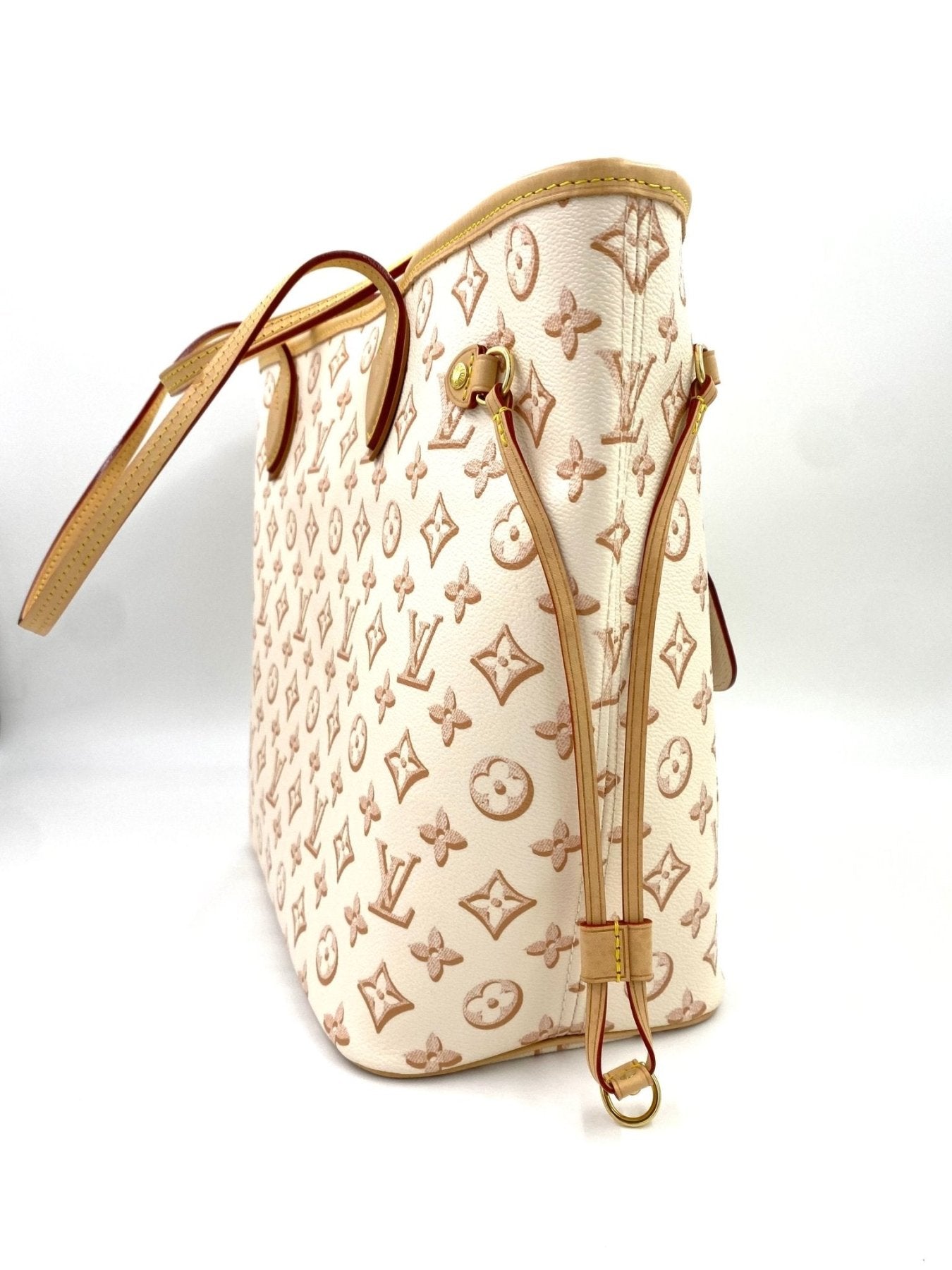 Louis Vuitton Neverfull MM Fall for You Tasche in Monogram Beige Clair mit seitlichen Zugbaendern und Pochette, Seitenansicht