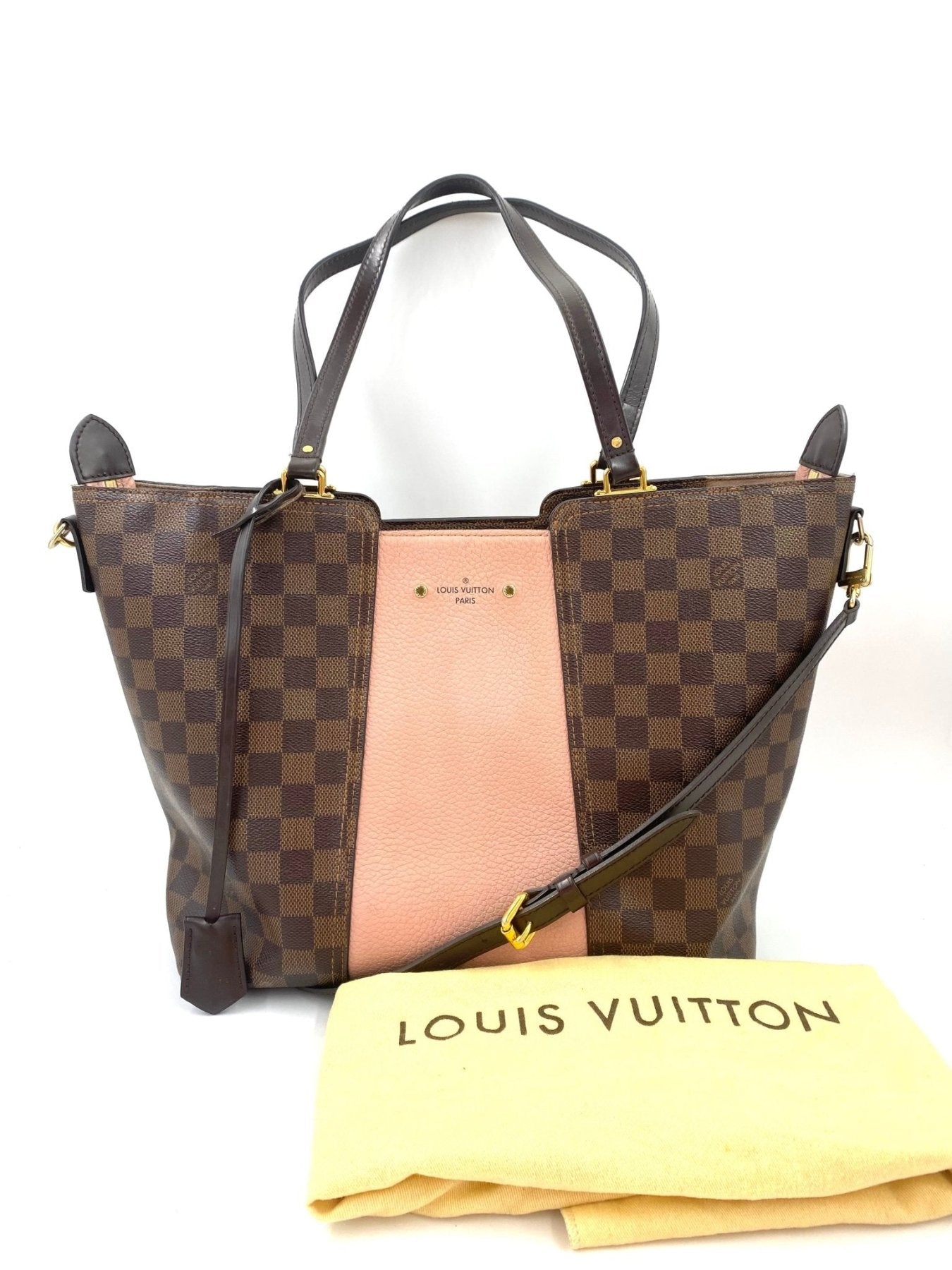 Louis Vuitton Jersey Magnolia Damier Ebene Shopper mit rosa Ledereinsatz, braun kariertem Canvas und verstellbarem Schulterriemen