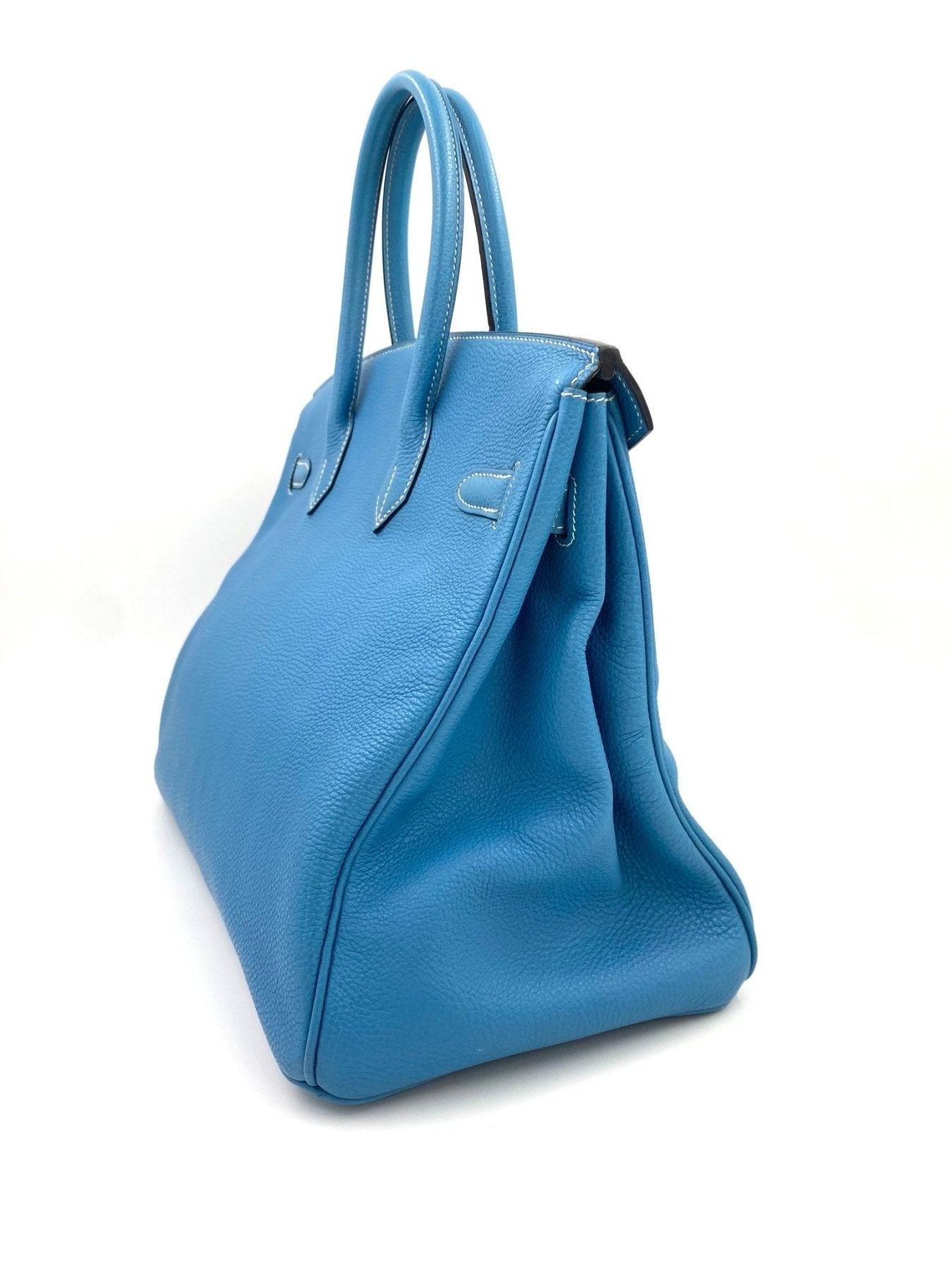 HERMES Birkin 35 Togo Handtasche in Blue Jean aus hochwertigem Leder mit Palladium-Hardware, seitliche Ansicht