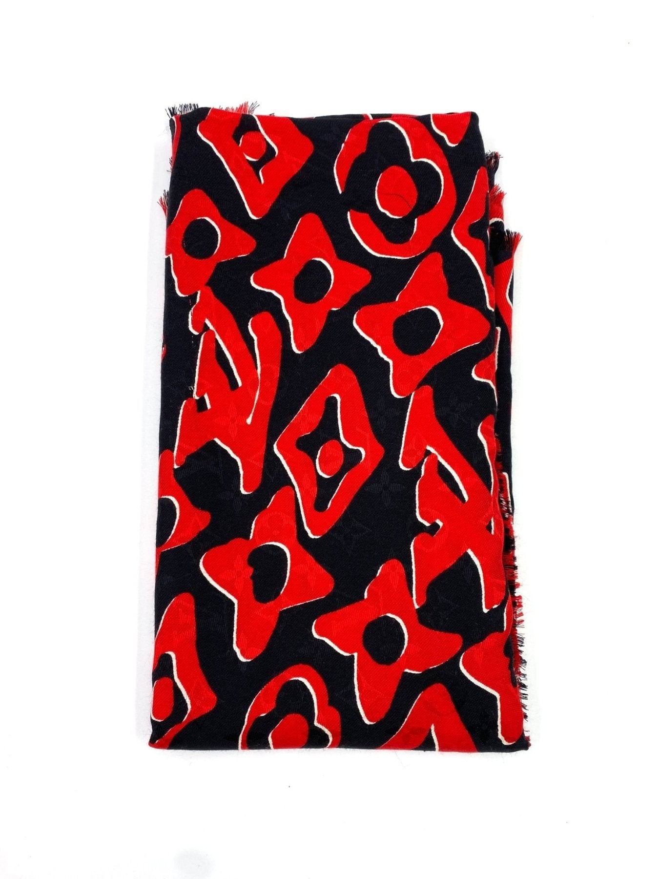 LOUIS VUITTON Carre Urs Fischer Tuch in schwarz und rot mit abstraktem geometrischem Blumenmuster auf weissem Hintergrund
