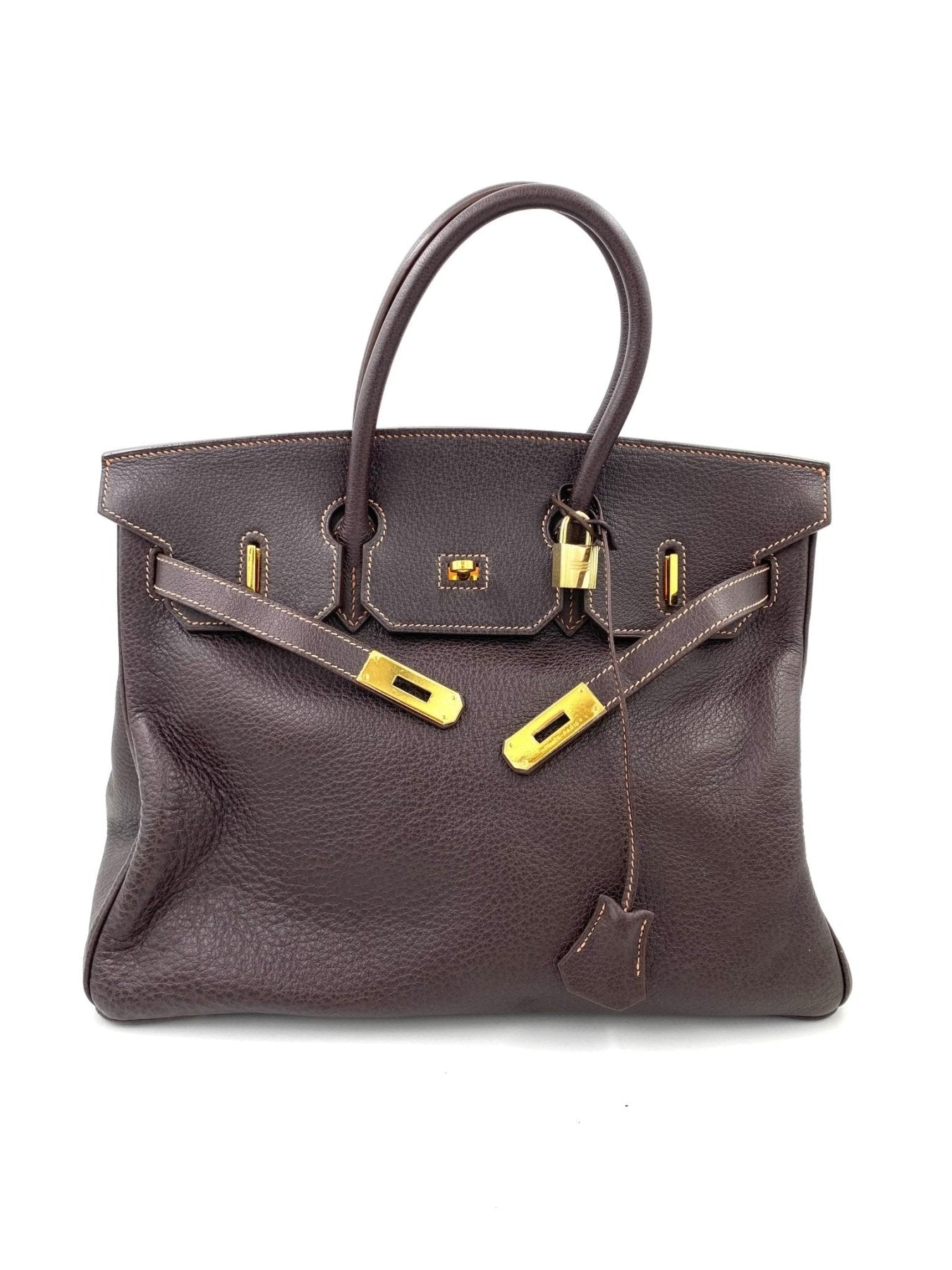 Hermes Birkin 35 Tasche in Marron Fjord Leder mit goldener Hardware, Doppelgriff und Verschlussdetails