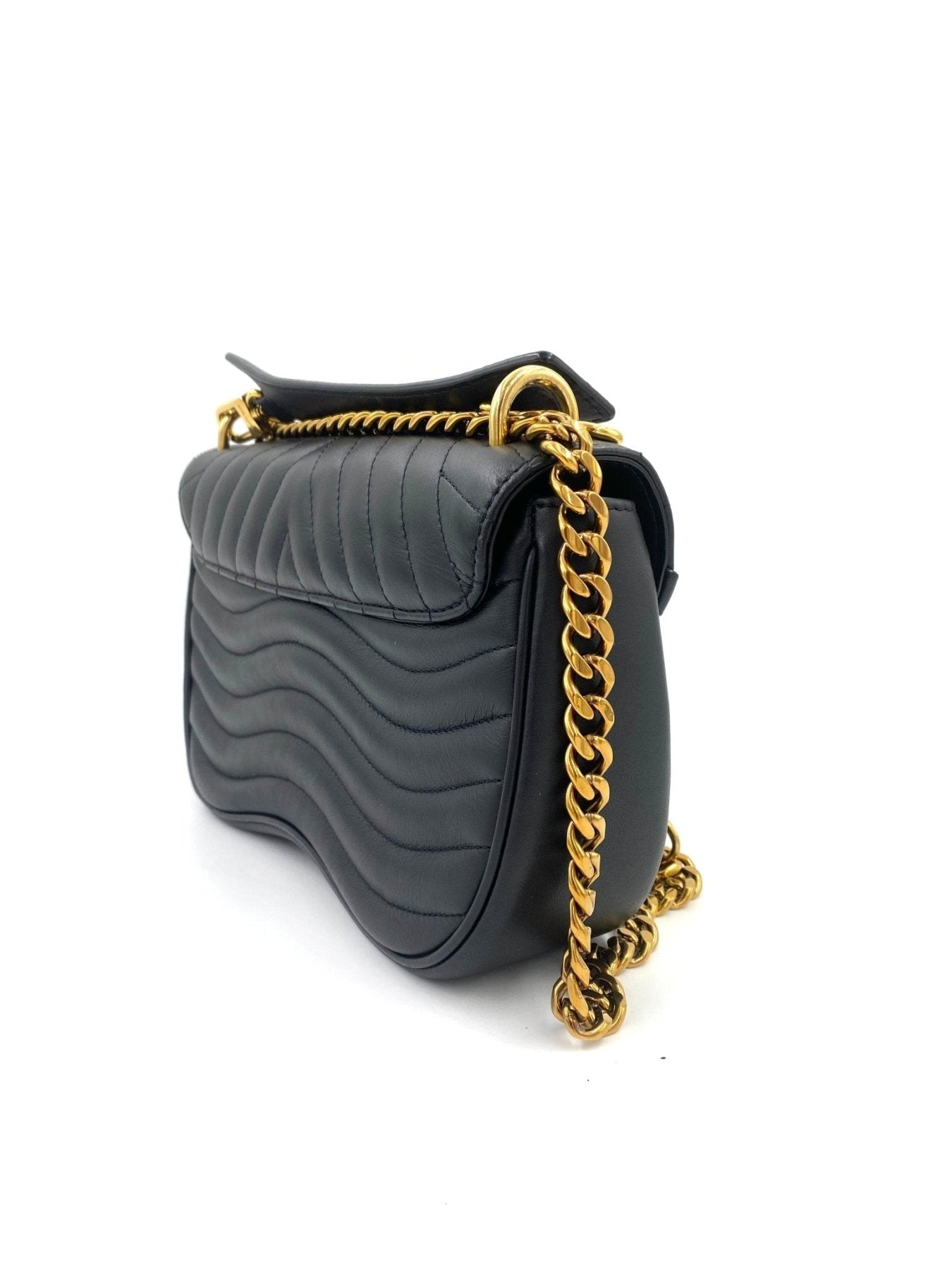 Louis Vuitton New Waves Chain Bag in schwarzem Leder mit Wellenmuster, goldener Kette und 80er-Jahre Musik-Patches