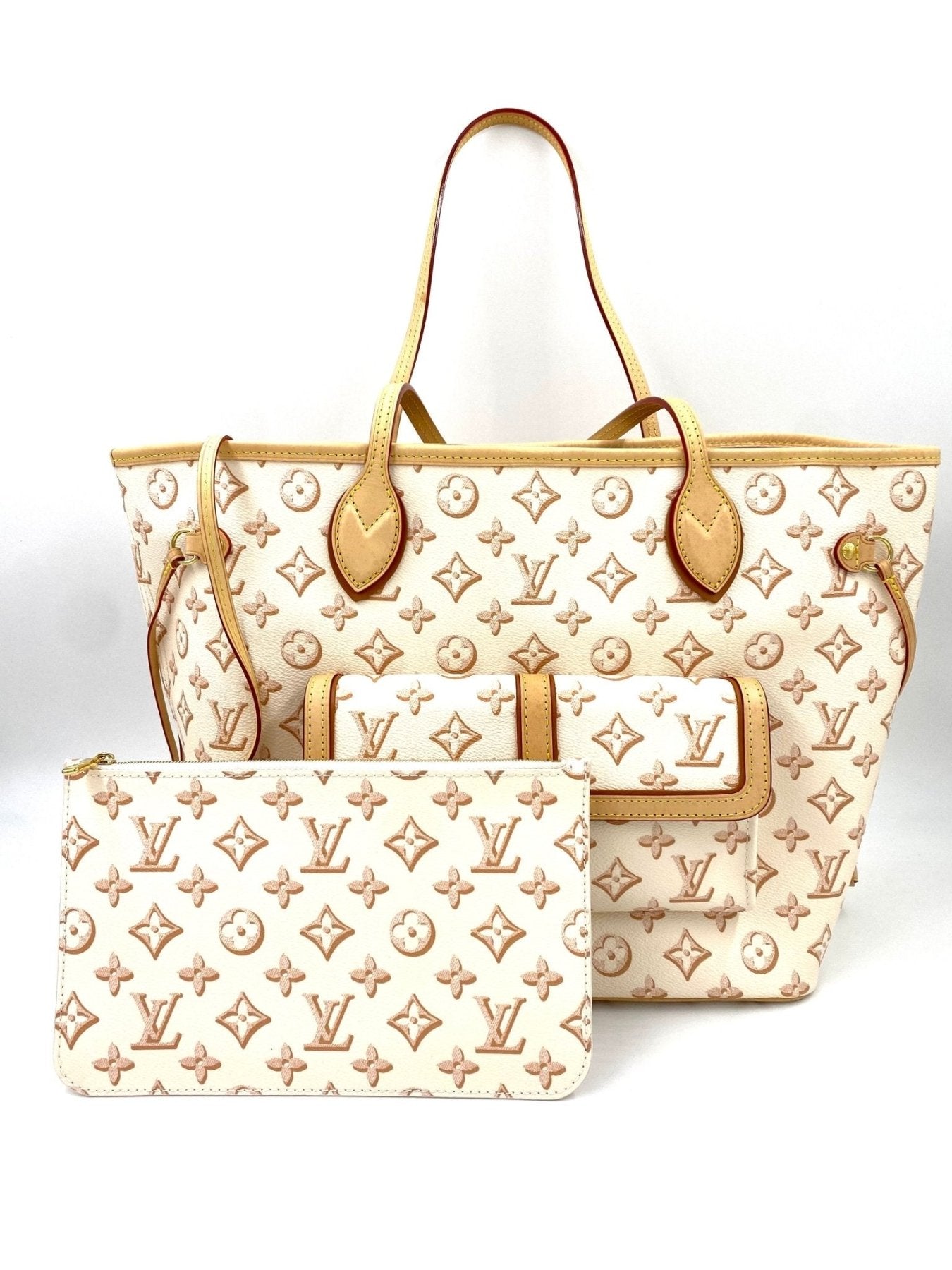 Louis Vuitton Neverfull MM Fall for You in beigem Monogram-Canvas mit passender Pochette, neuwertiger Designer-Shopper