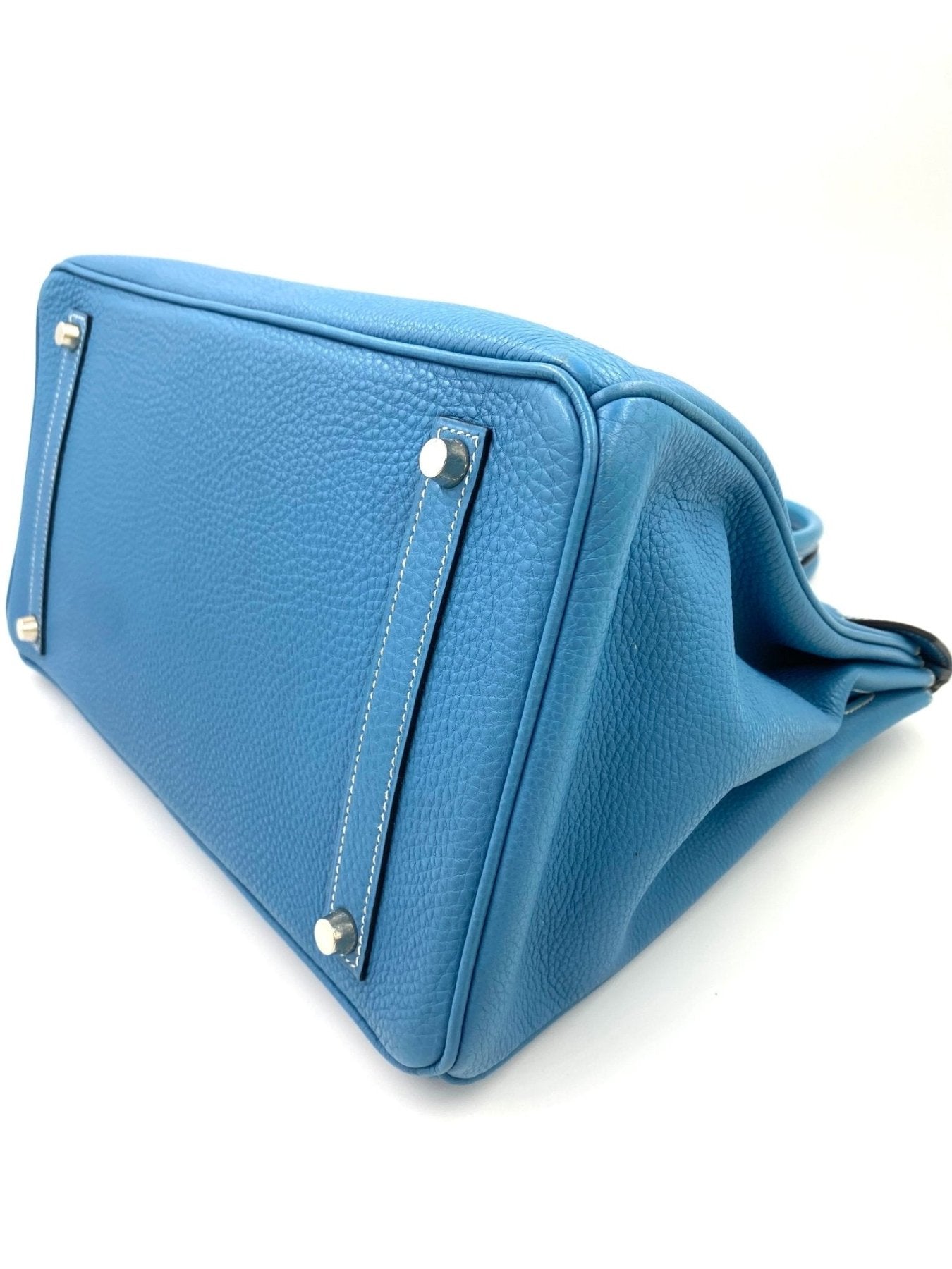 HERMES Birkin 35 Togo in Blue Jean, elegante Designertasche aus hochwertigem Leder mit Palladium-Hardware, Seitenansicht