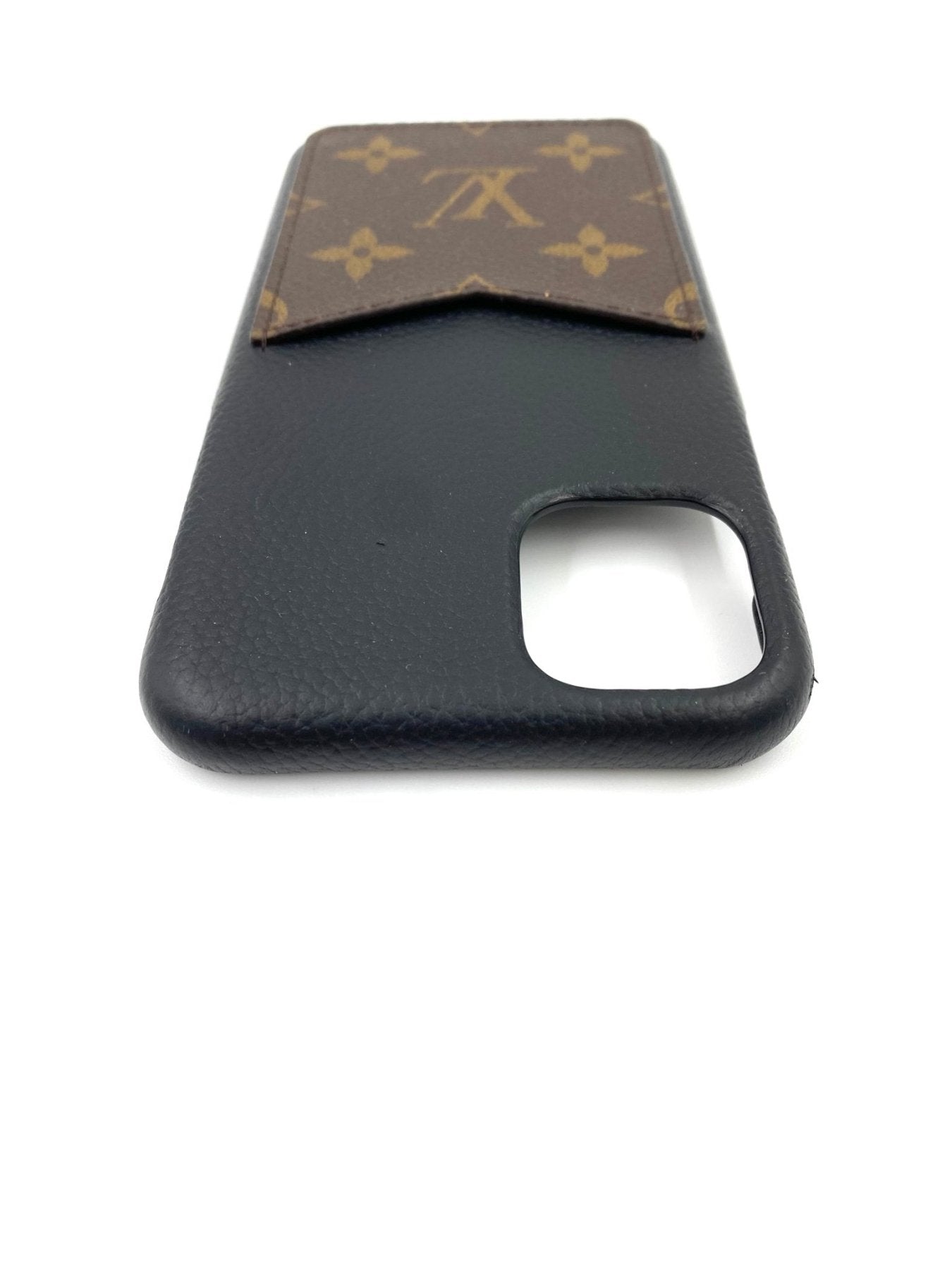 Louis Vuitton Bumper Pallas iPhone 11Pro Huelle in schwarz mit braunem Monogram Canvas Kartenfach, luxurioese Handyhuelle