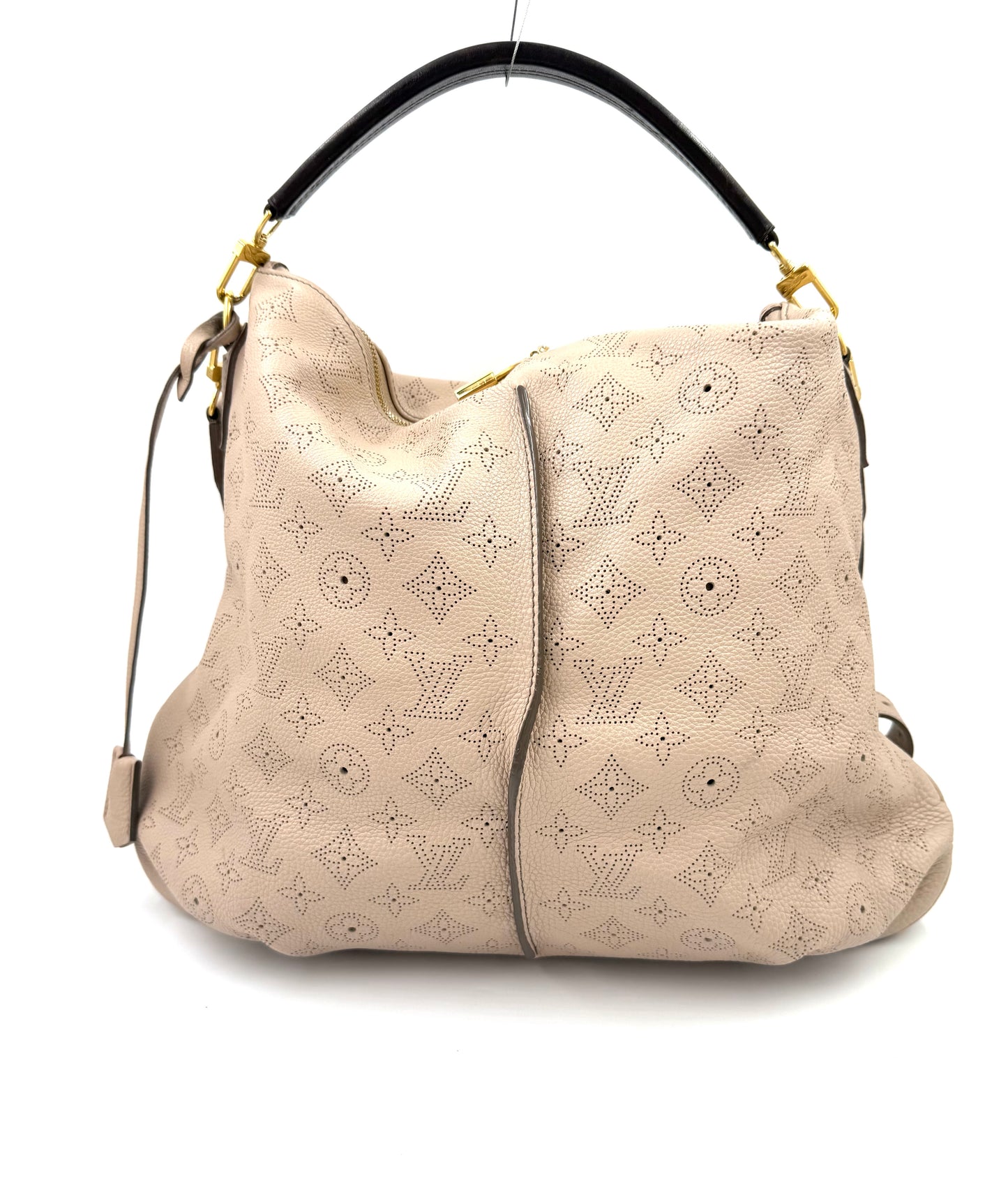 LOUIS VUITTON Selene PM mit Pochette Galet Handtasche aus beigem Leder mit Monogramm-Muster und schwarzem Griff.