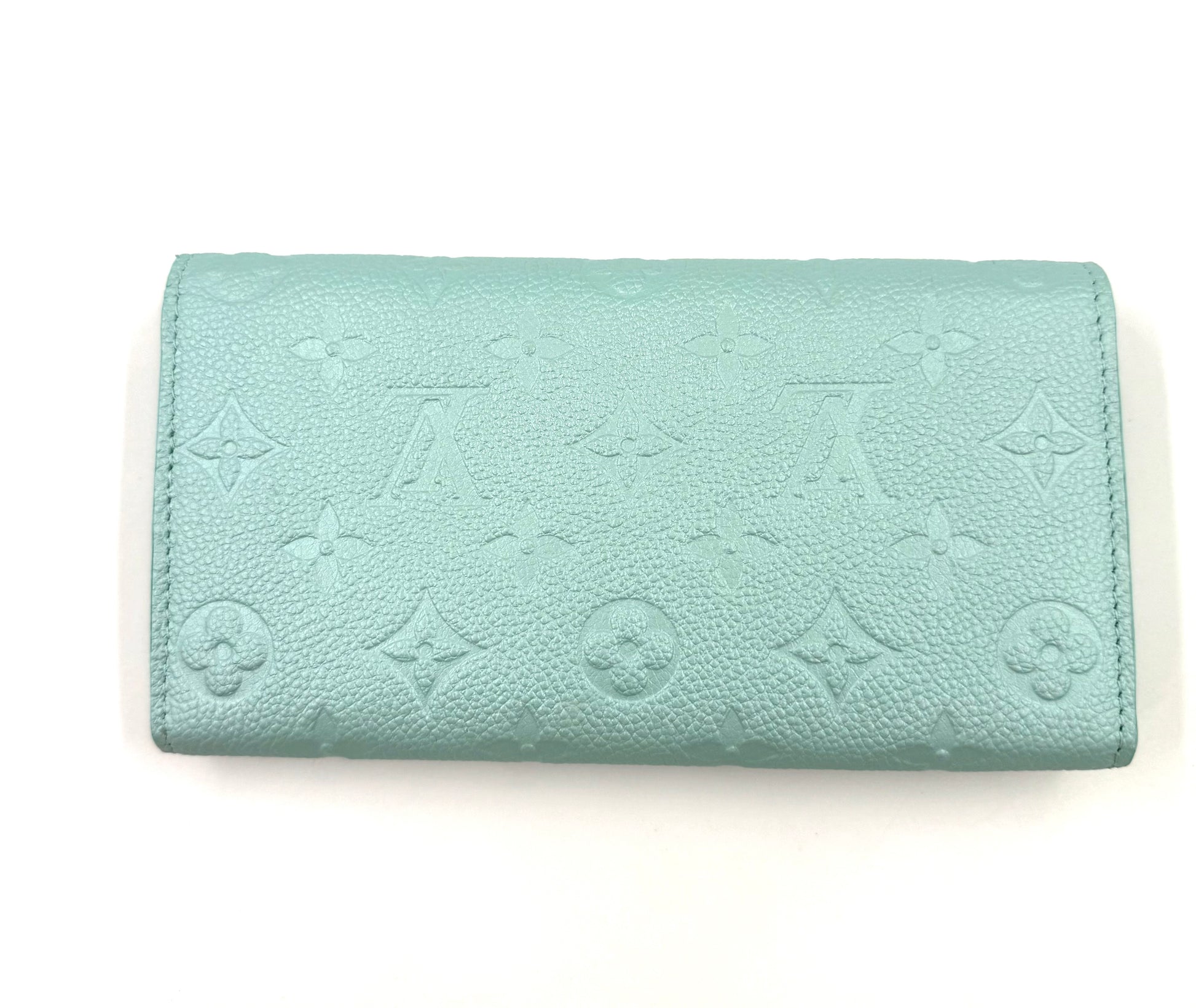LOUIS VUITTON Sarah Flower NM mint Portemonnaie aus geprägtem mintfarbenem Monogram Empreinte Leder, neuwertig.
