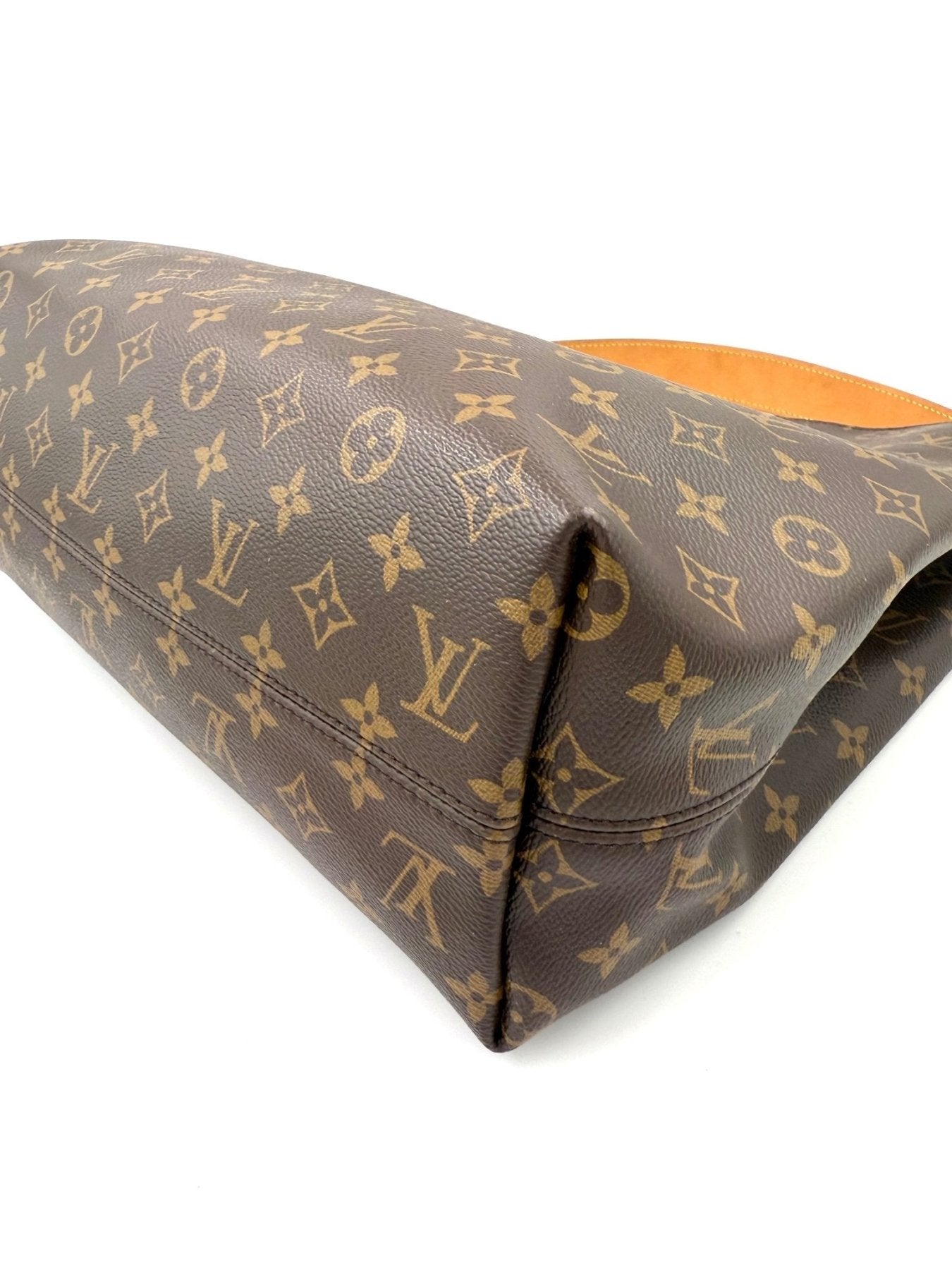 Louis Vuitton Graceful MM Handtasche im klassischen Monogram Canvas mit braunem Leder, seitliche Detailansicht