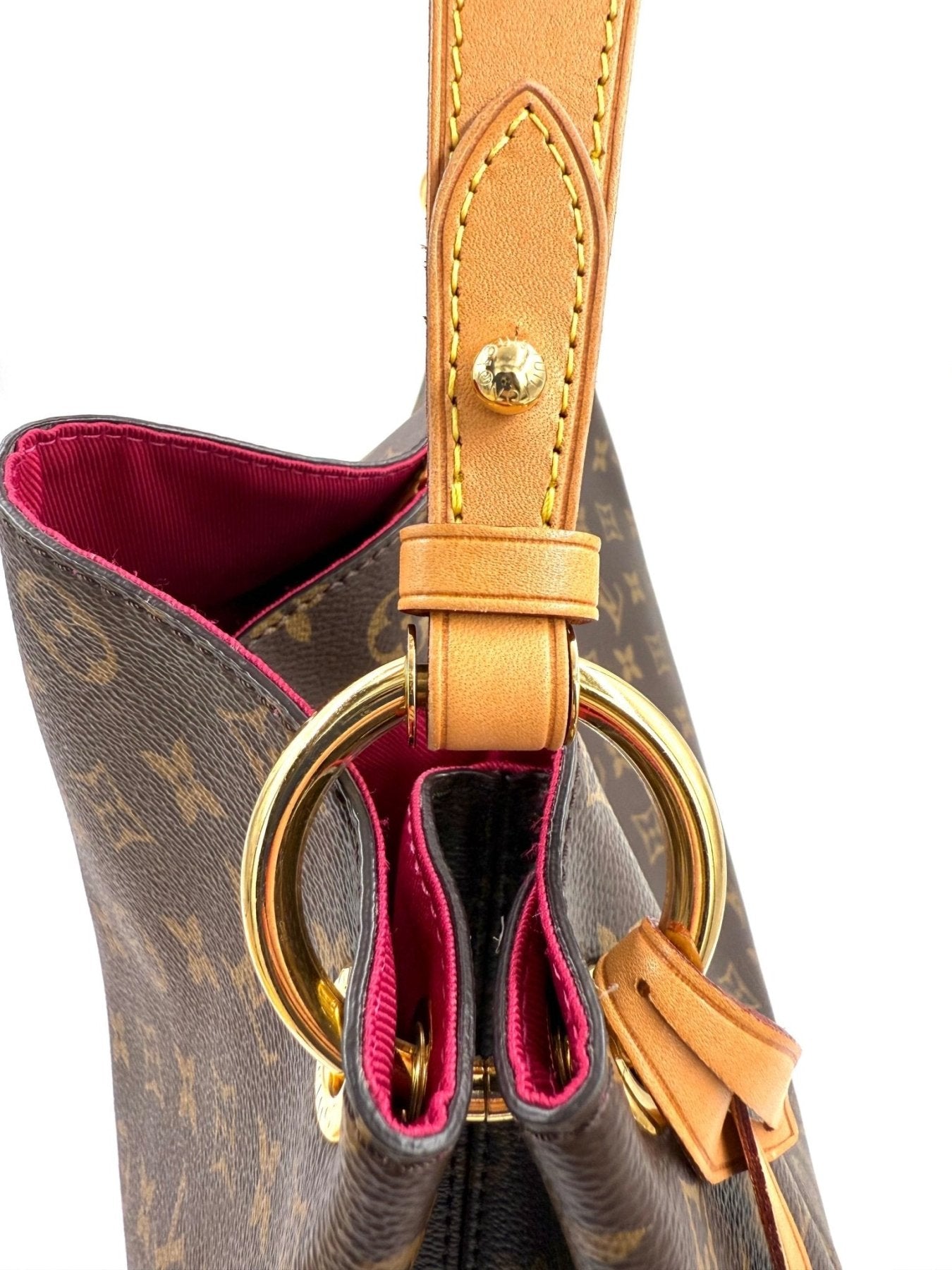 Louis Vuitton Graceful MM Handtasche in Monogram Canvas mit braunem Lederriemen, goldenem Ring und rotem Innenfutter