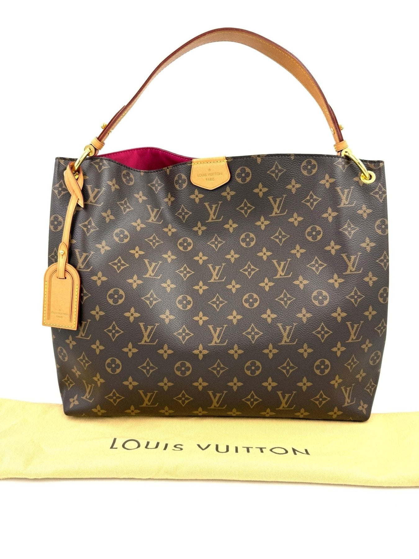 Louis Vuitton Graceful MM Handtasche in Monogram Canvas mit beigem Lederhenkel und rotem Innenfutter auf gelbem Staubbeutel