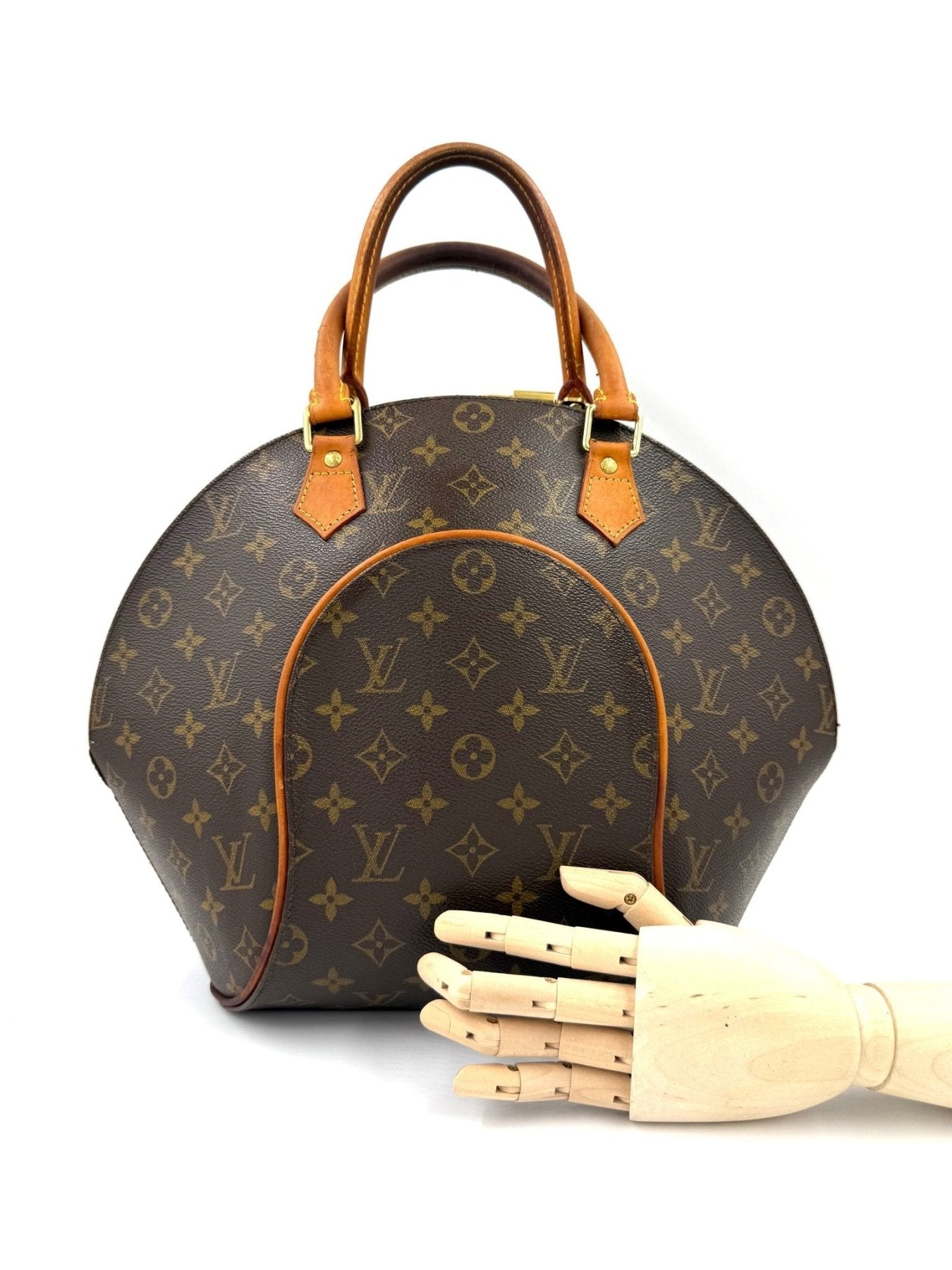 Louis Vuitton Ellipse MM Handtasche in Monogram Canvas mit braunen Ledergriffen und klassischem LV Muster