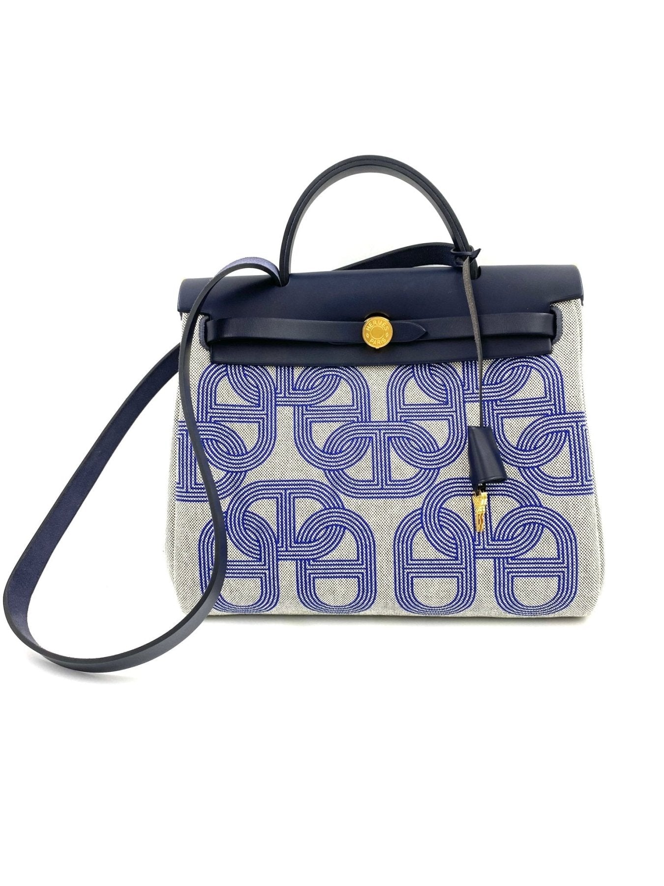 HERMES Herbag 31 Circuit in grau-blauem Canvas mit geometrischem Muster, Lederdetails und goldfarbener Hardware