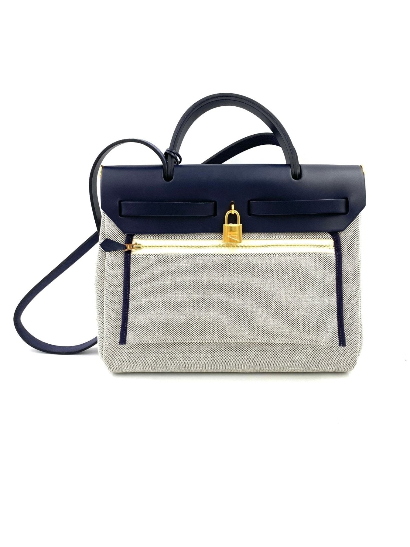 HERMES Herbag 31 Circuit in marineblauem Leder und grauem Canvas mit goldfarbenen Details und abnehmbarem Schulterriemen