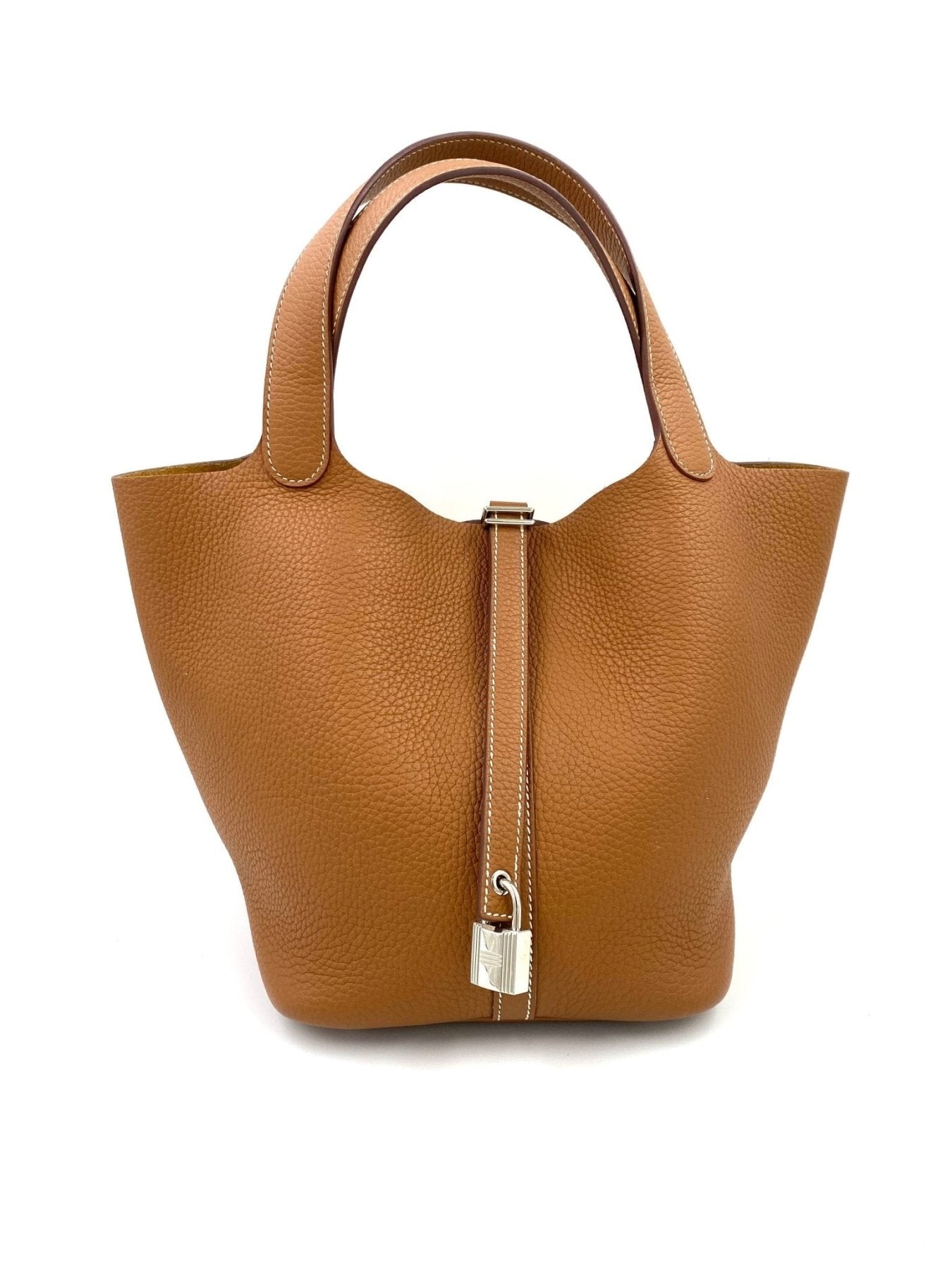 Hermes Picotin 22 Lock Gold Handtasche aus Taurillon Clemence Leder mit Palladium Verschluss in caramelbraun