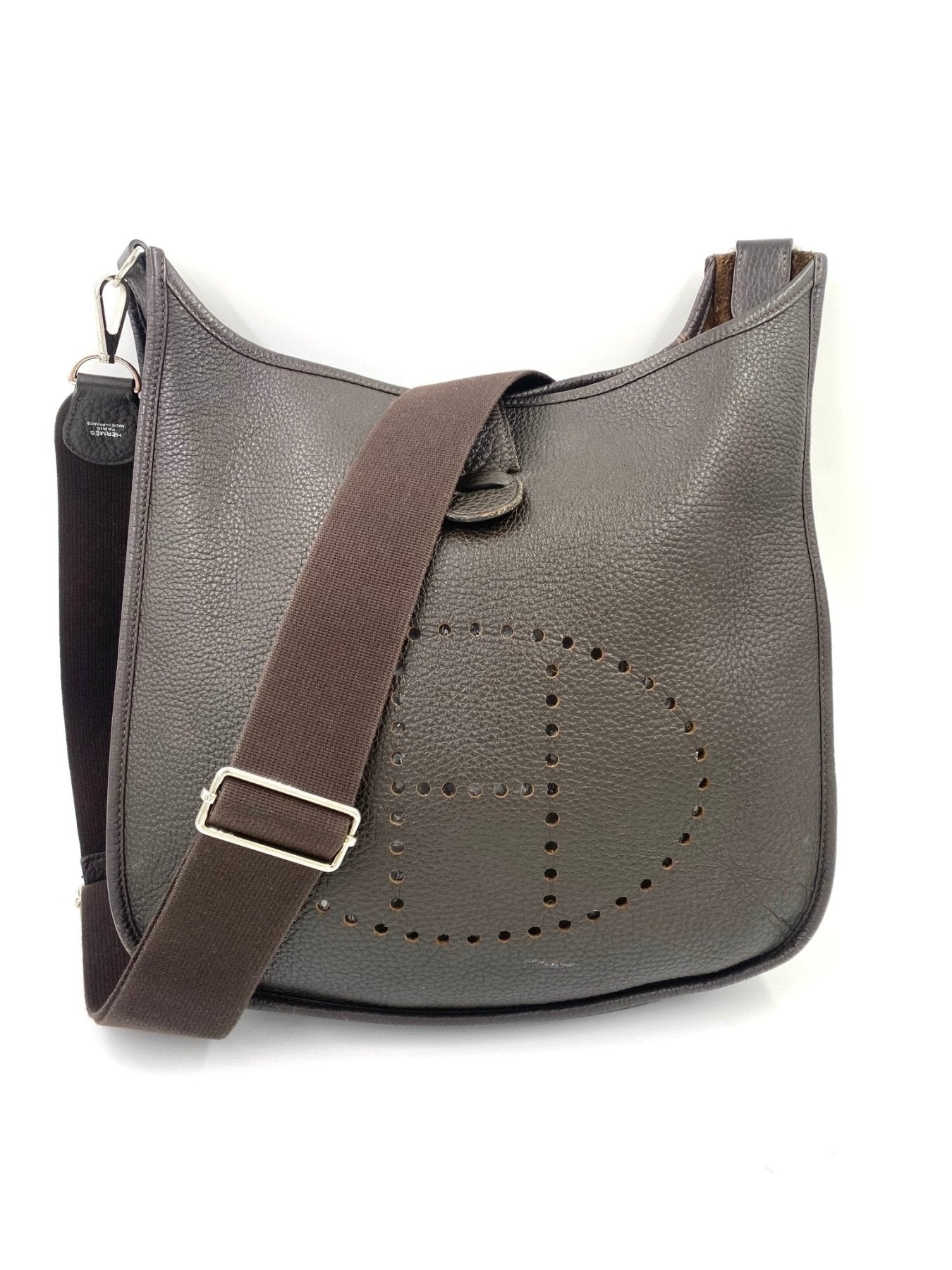Hermes Evelyne 33 Schultertasche in dunkelbraunem Clemence Leder mit perforiertem H-Logo und verstellbarem Trageriemen