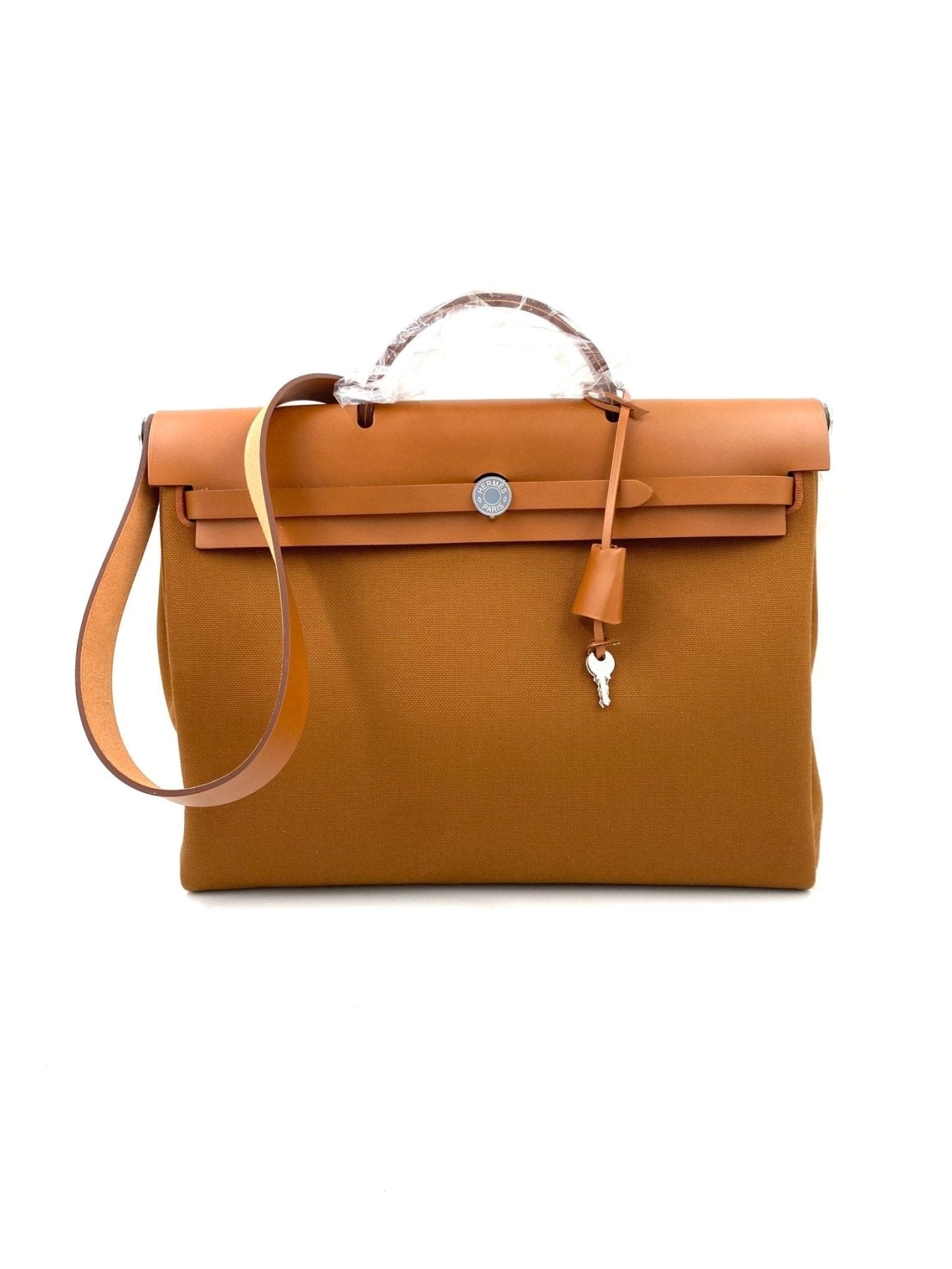 HERMES Herbag Messenger 39 in braun-cognac, neue Luxustasche aus Stoff und Leder mit Palladium-Hardware