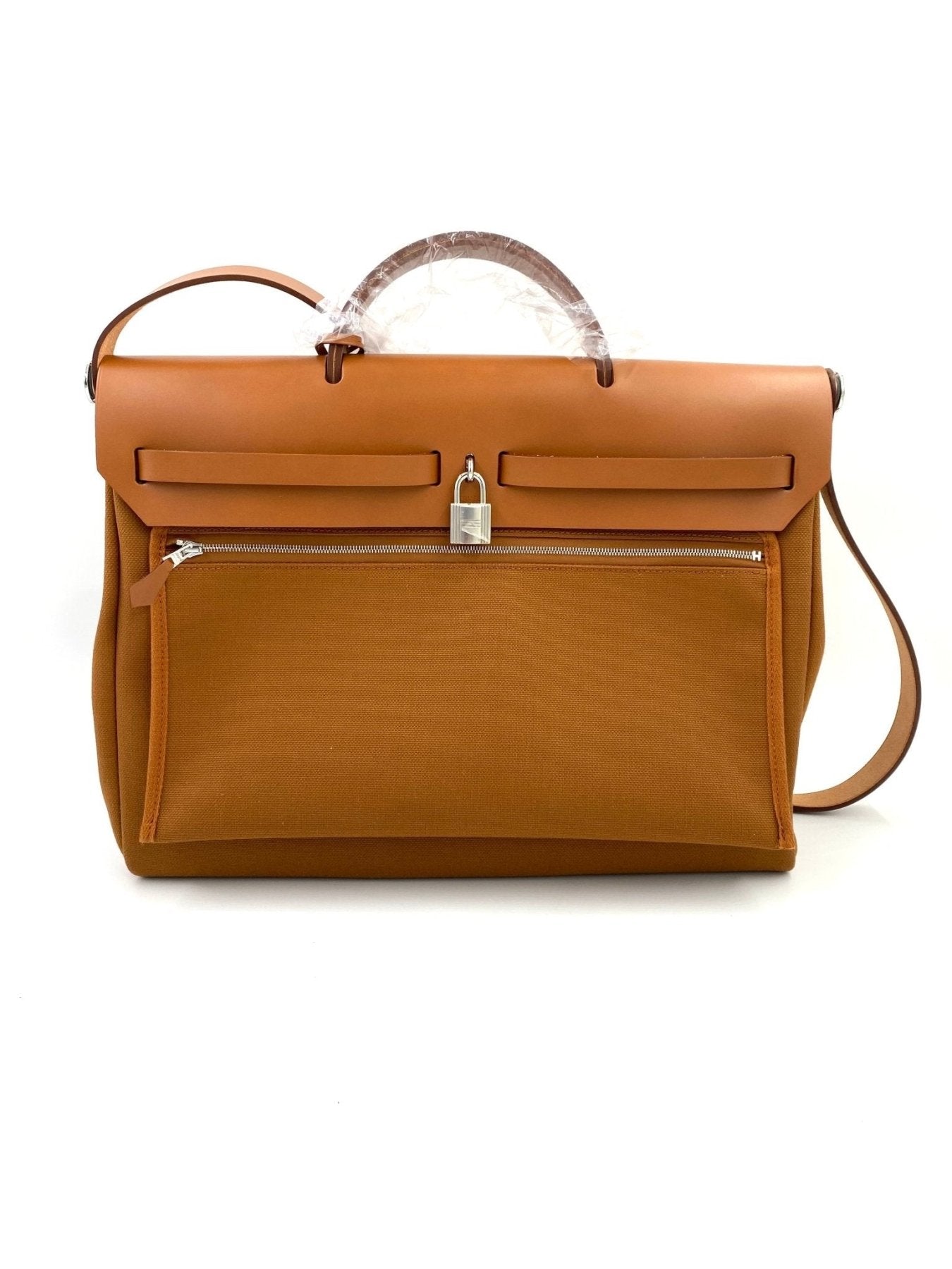 Neue HERMES Herbag Messenger 39 in Fauve, Stoff-Leder-Kombination mit Palladiumbeschlagen und Schulterriemen