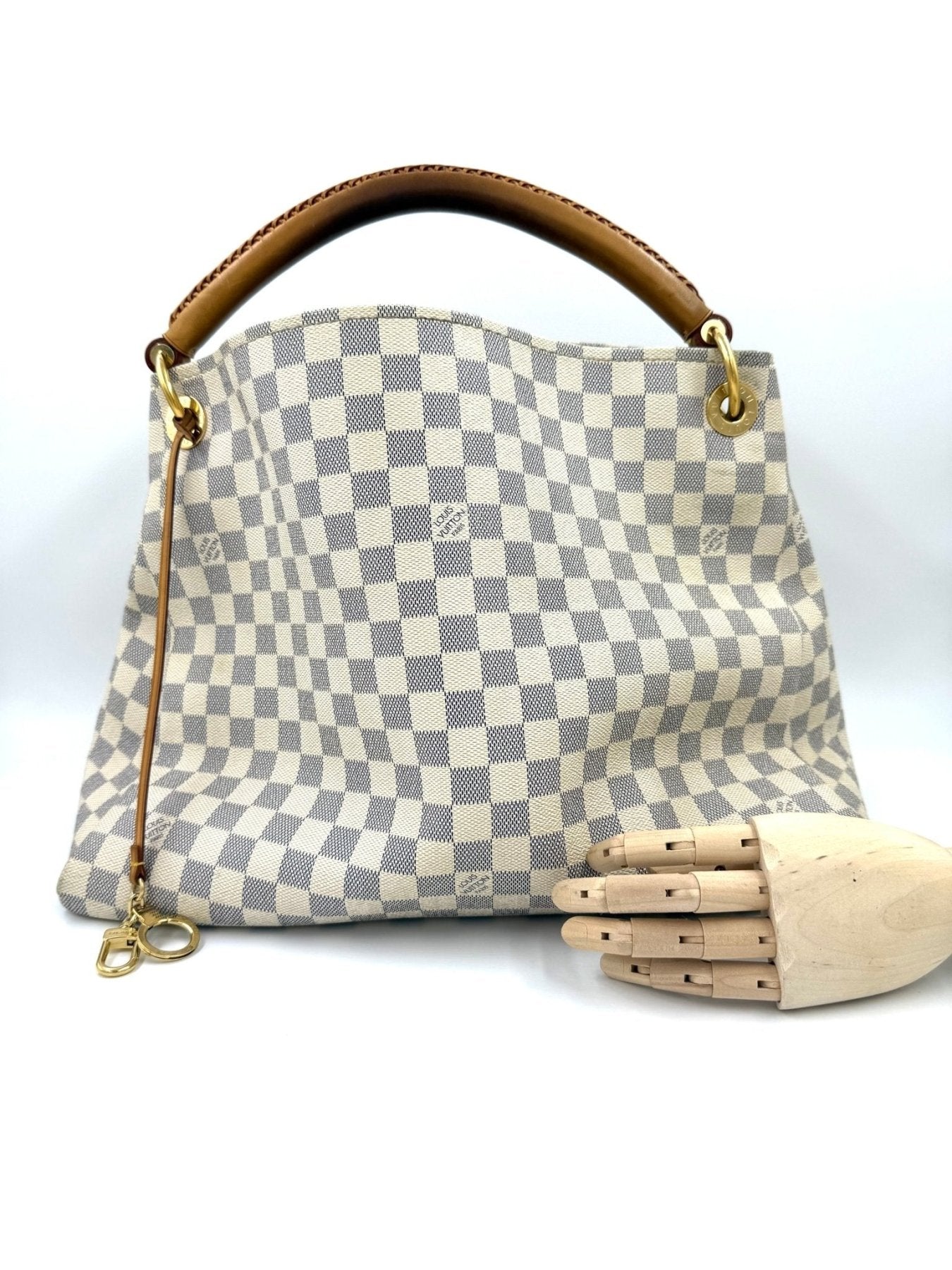 Louis Vuitton Artsy MM Damier Azur Handtasche mit geflochtenen Ledergriff im klassischen Schachbrettmuster, weiss-azurblau