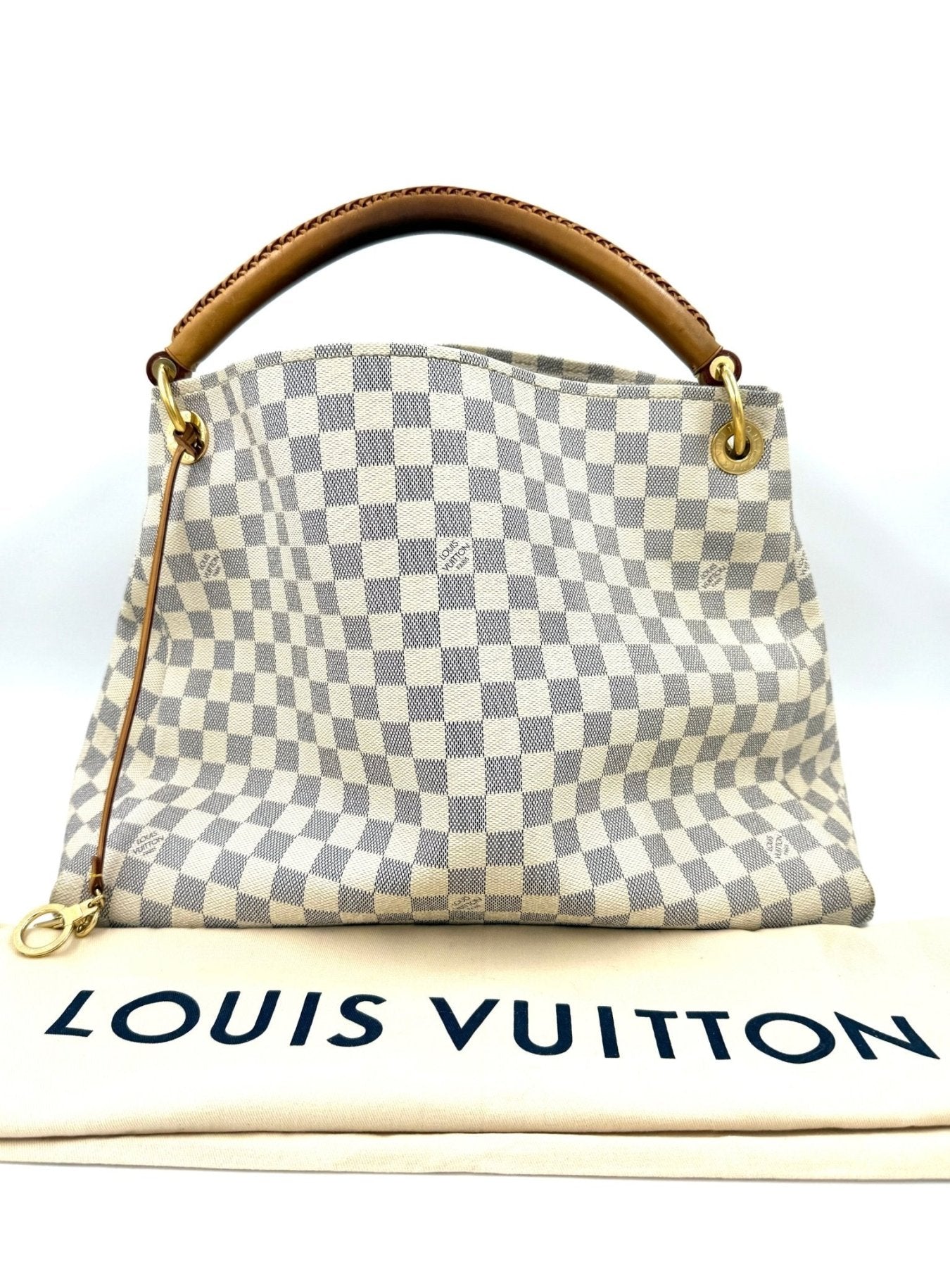 Louis Vuitton Artsy MM Damier Azur Handtasche mit geflochtenem Ledergriff im klassischen Schachbrettmuster, weiss-blau