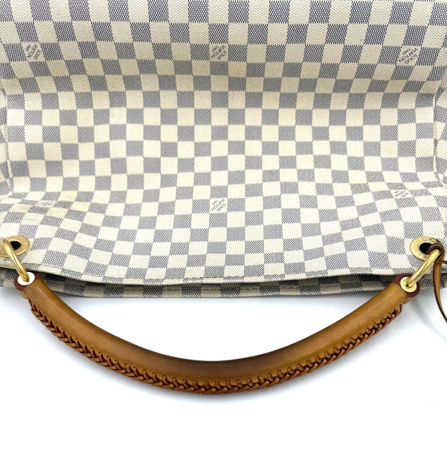Louis Vuitton Artsy MM Damier Azur Handtasche mit geflochtenen Ledergriff im charakteristischen Schachbrettmuster in Weiss und Azurblau