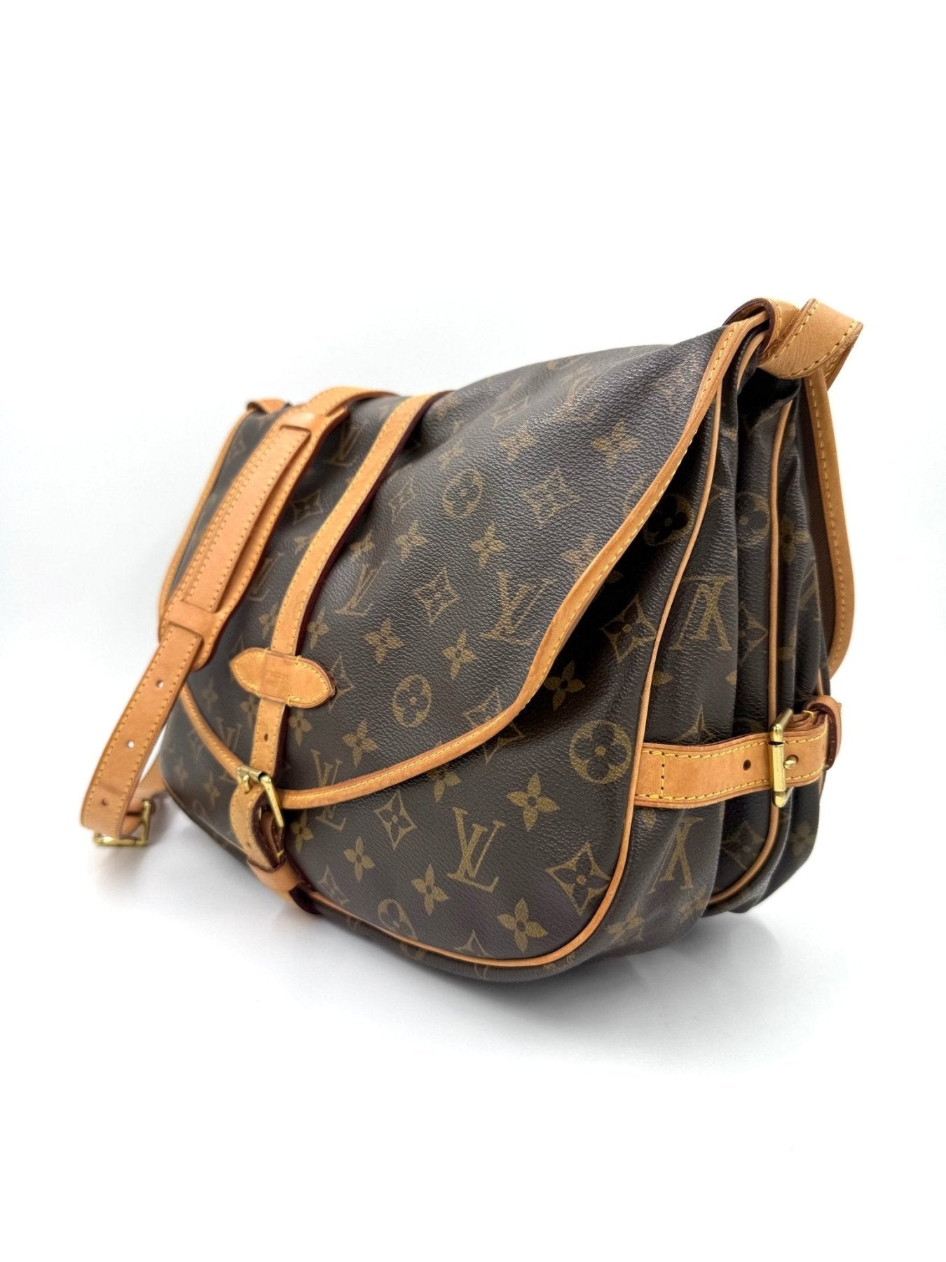 Louis Vuitton Saumur 35 Monogram Canvas Vintage Tasche mit braun Lederbesatz und verstellbarem Schulterriemen