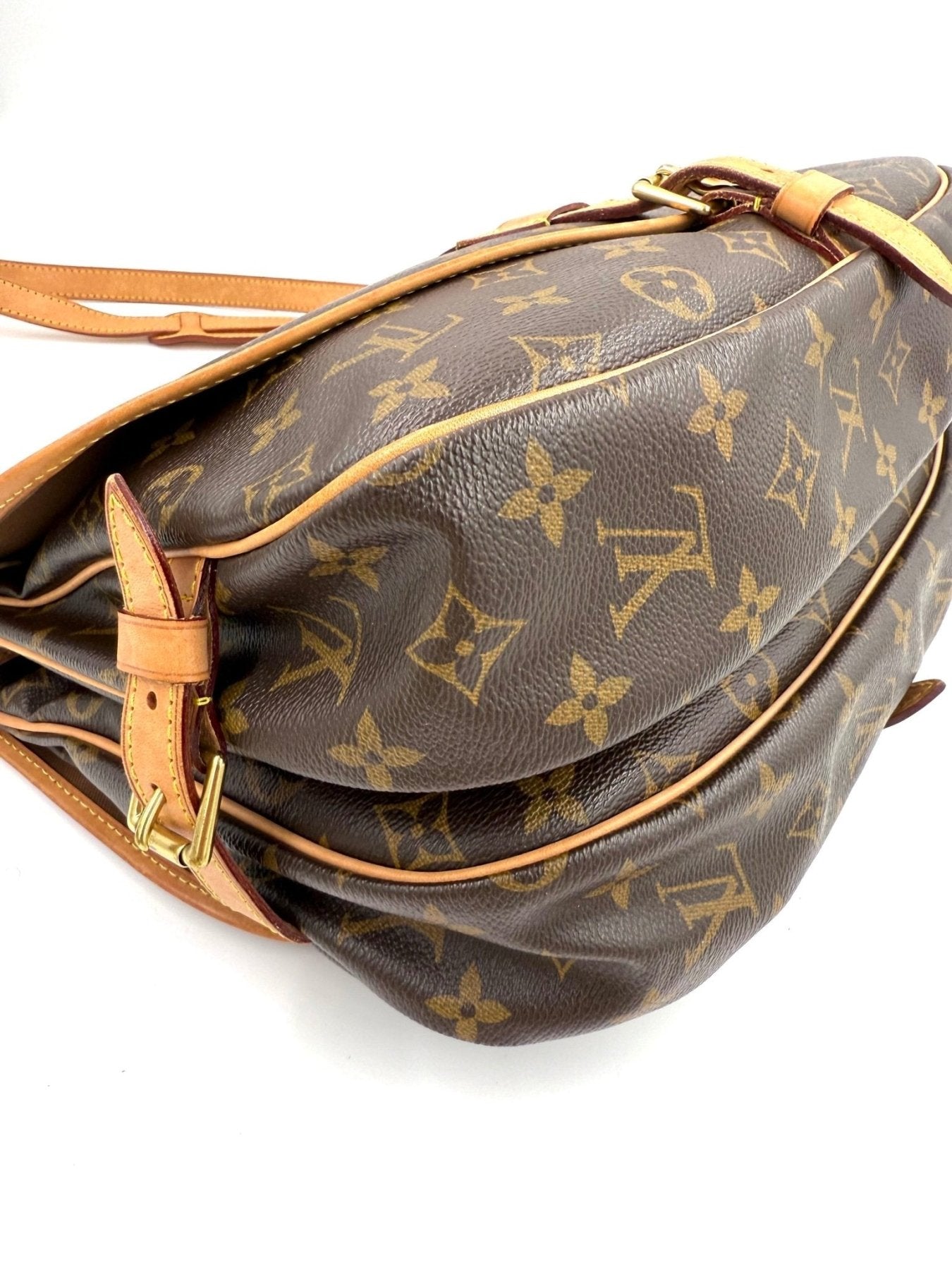 Louis Vuitton Saumur 35 Monogram Canvas Vintage Tasche mit braunem Lederriemen und goldfarbenen Beschlagen