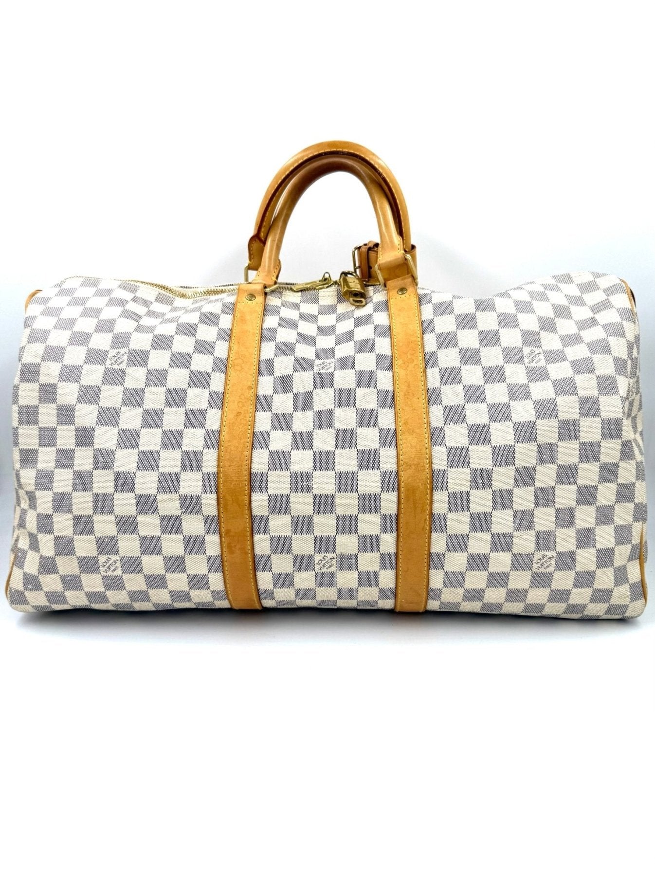 Louis Vuitton Keepall 50 Damier Azur Reisetasche mit weiss-grauem Schachbrettmuster und hellbraunen Ledergriffe