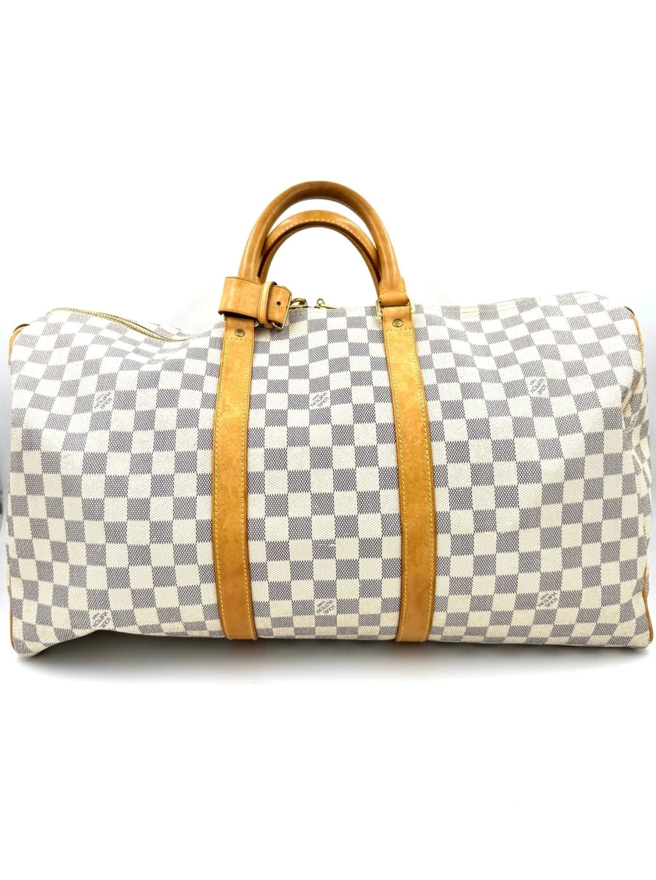 Louis Vuitton Keepall 50 Damier Azur Reisetasche mit weissem Schachbrettmuster und braunen Ledergriffe