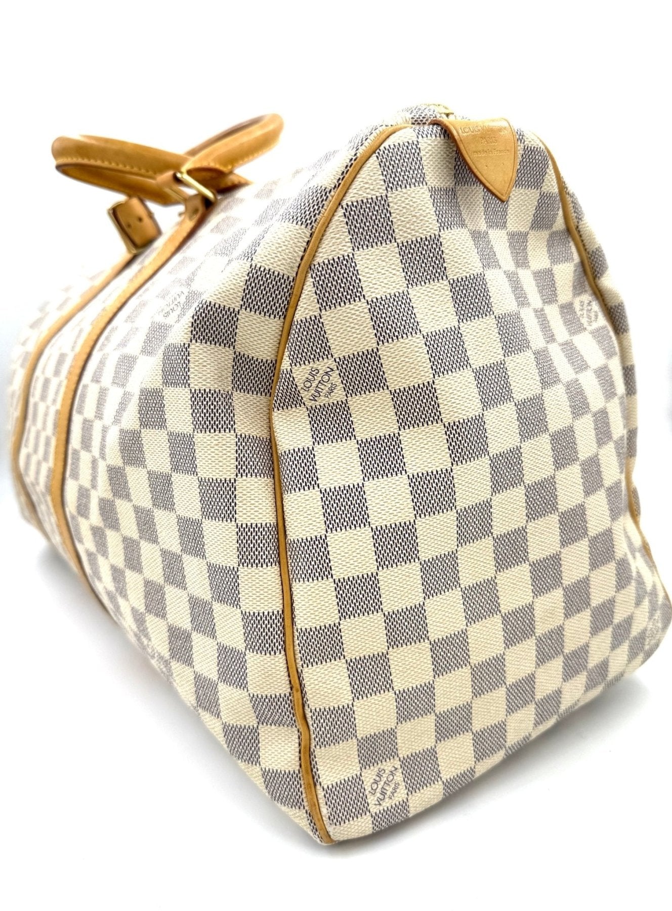 Louis Vuitton Keepall 50 Damier Azur Reisetasche in hellgrau-weissem Schachbrettmuster mit beigen Lederdetails
